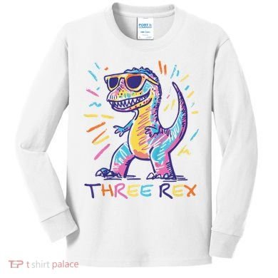 Three Rex 3rd Birthday Gifts Third Dinosaur Boy 3 Years Old Kids Long Sleeve Shirt