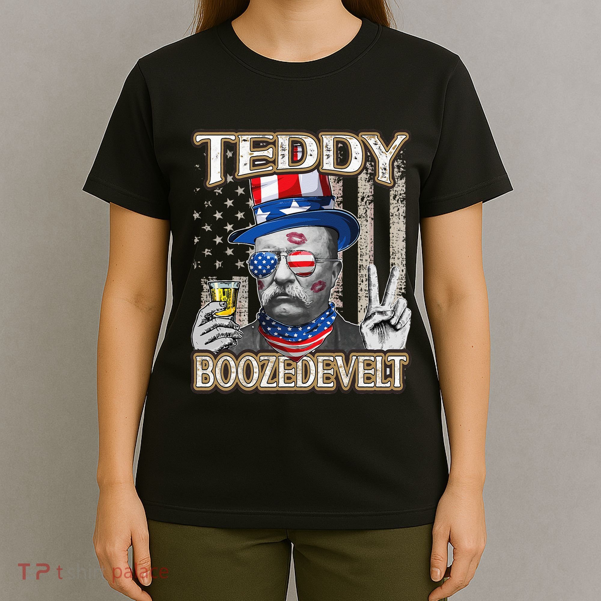 Theodore Roosevelt 4th July Teddy Boozedevelt American Flag T-Shirt