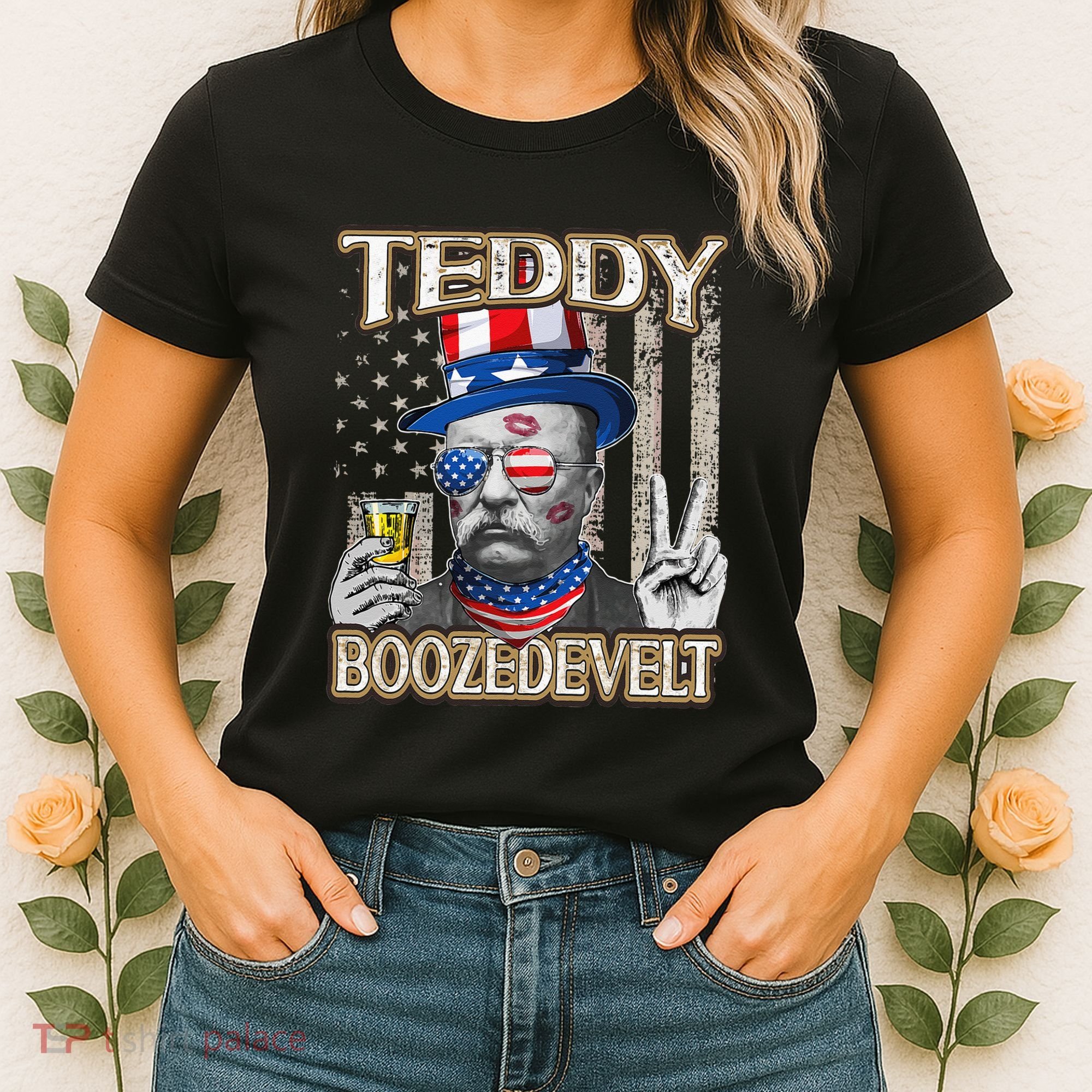 Theodore Roosevelt 4th July Teddy Boozedevelt American Flag Women's T-Shirt