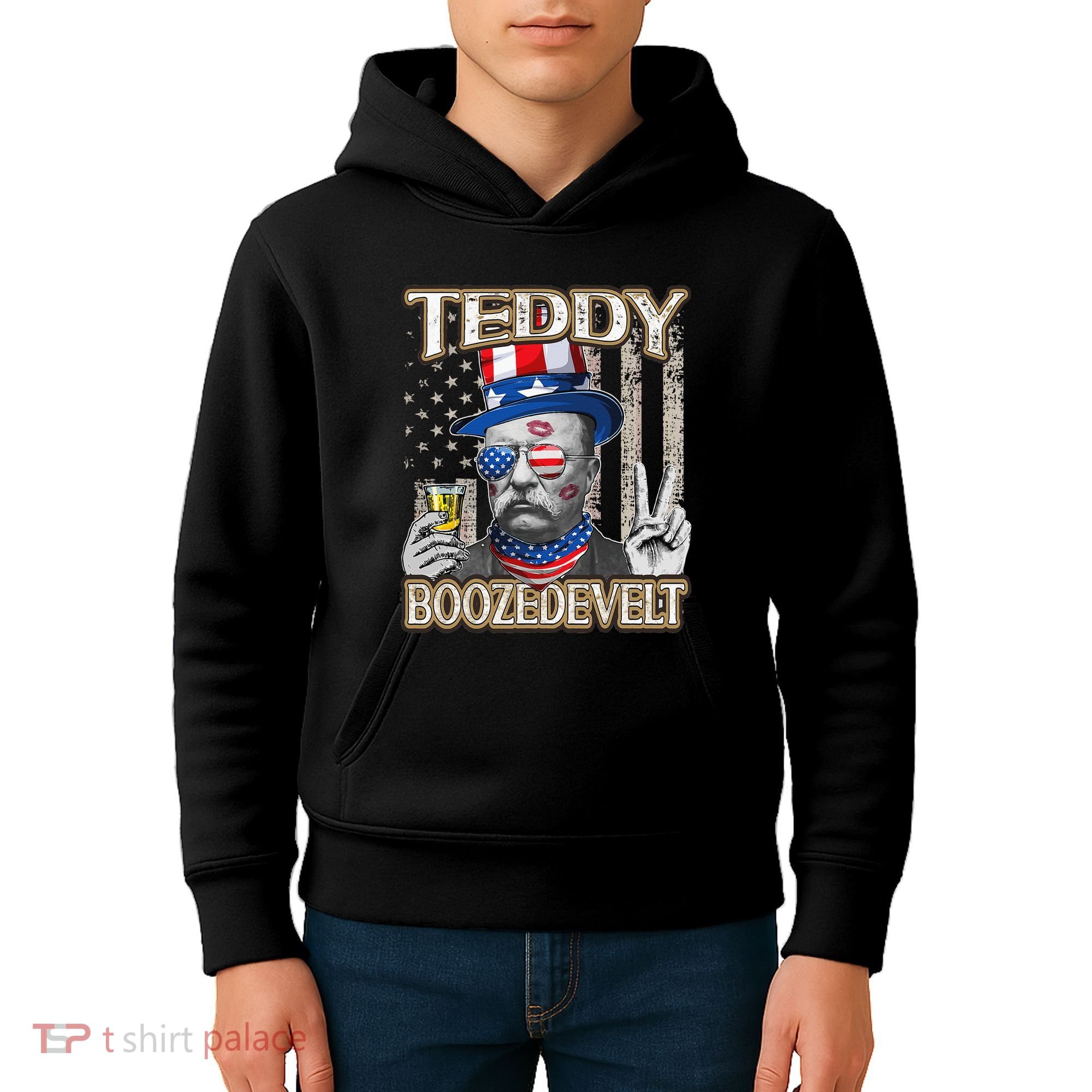 Theodore Roosevelt 4th July Teddy Boozedevelt American Flag Kids Hoodie