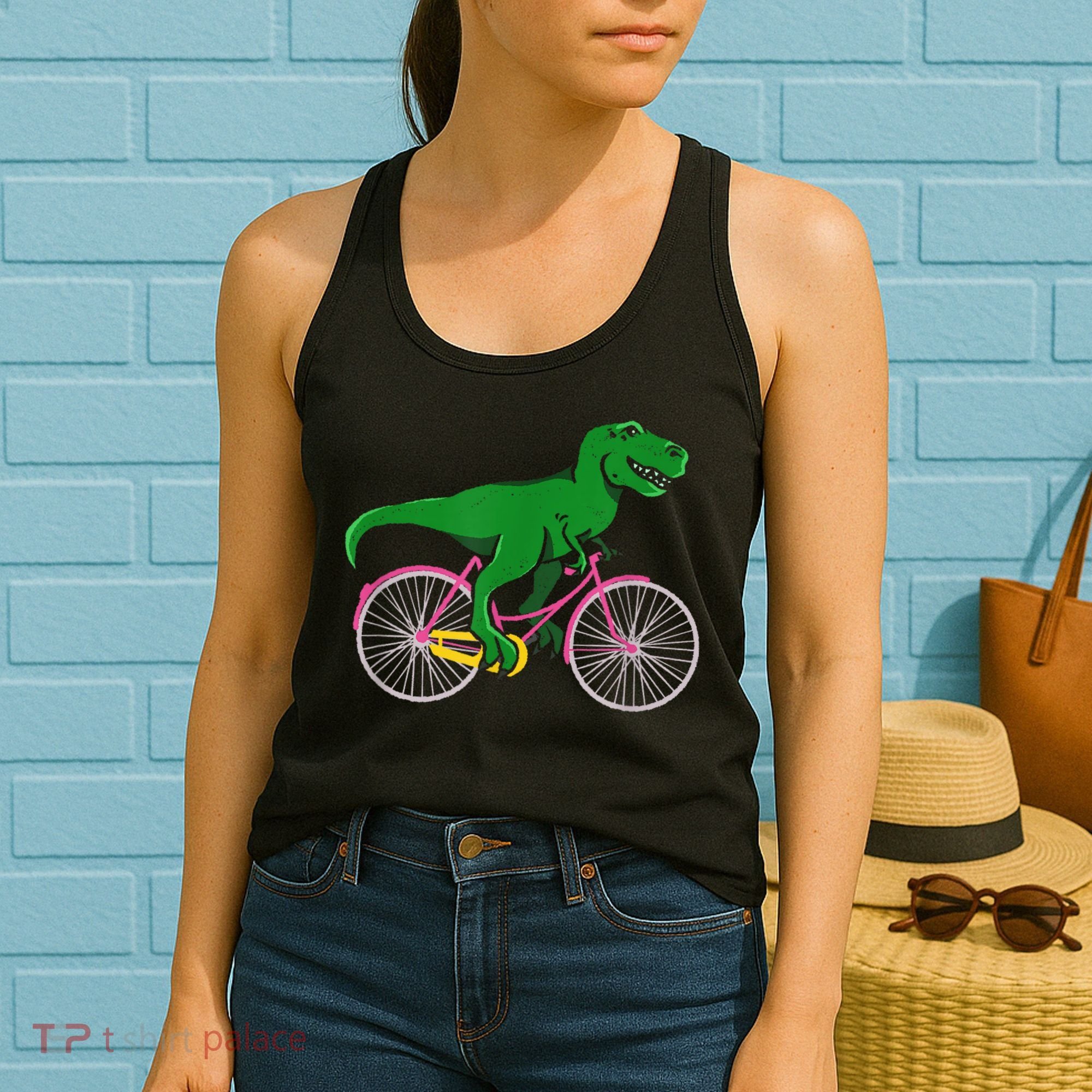 TRex Riding A Bike Funny Trex Dinosaur Bicycle Rider Women's Tank Top