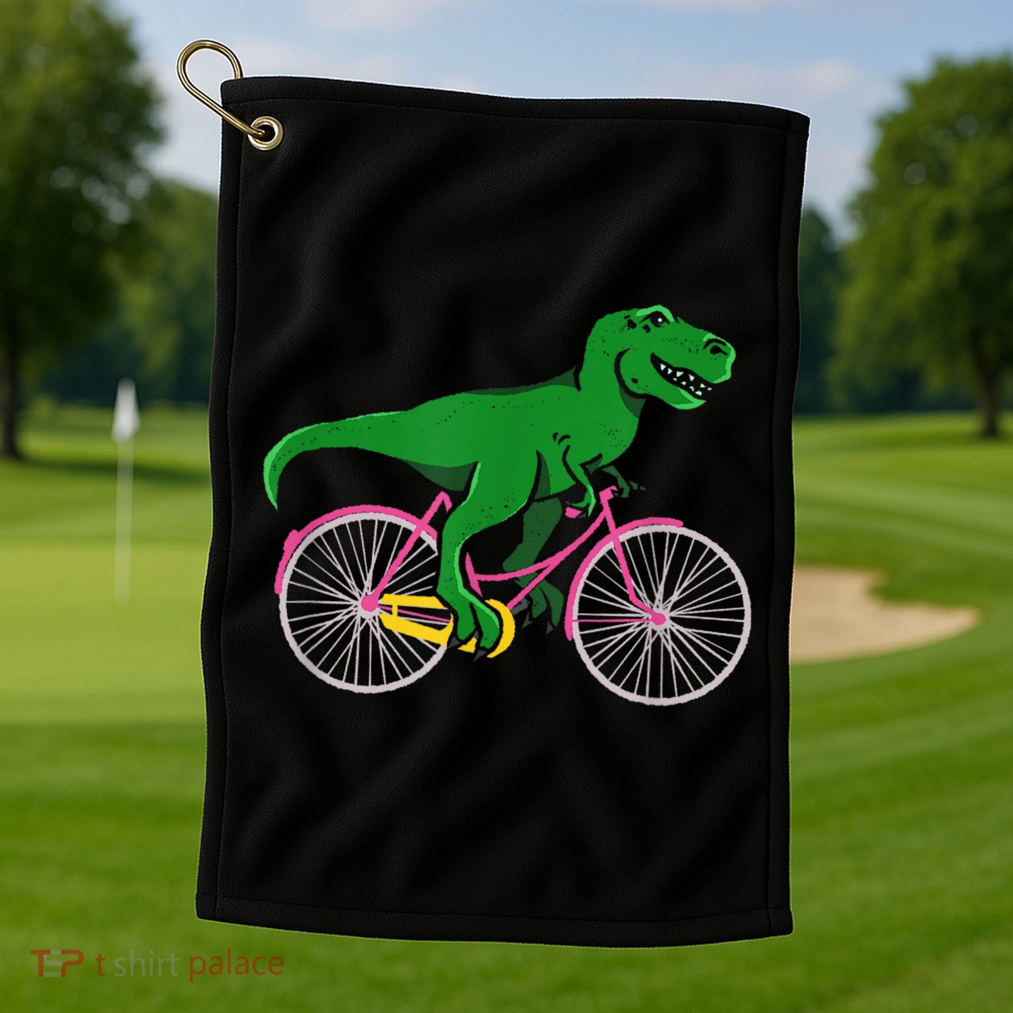 TRex Riding A Bike Funny Trex Dinosaur Bicycle Rider Golf Towel