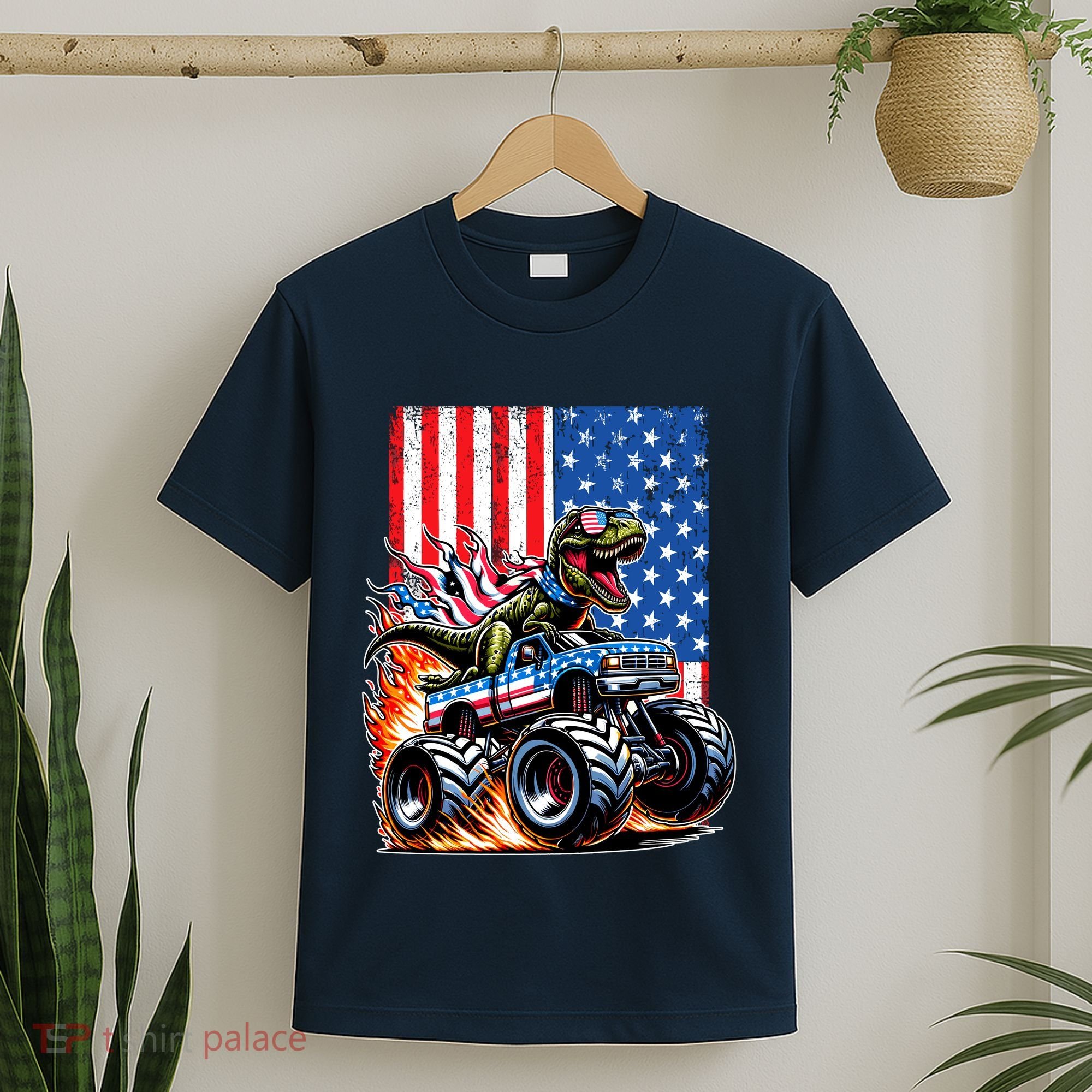 Trex Riding American Monster Truck Usa Flag T-Shirt