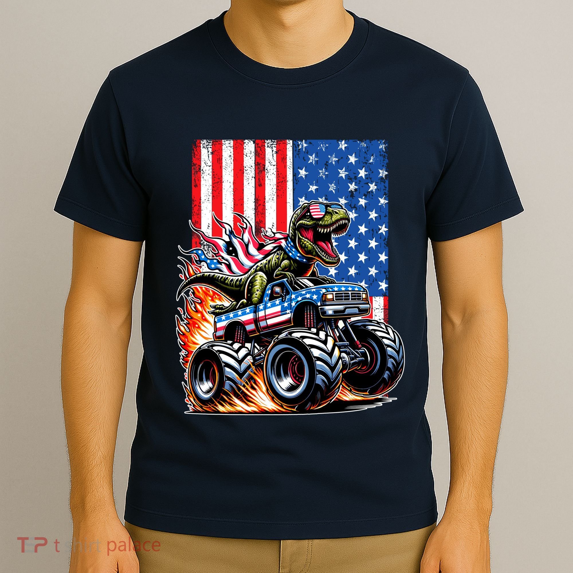 Trex Riding American Monster Truck Usa Flag T-Shirt