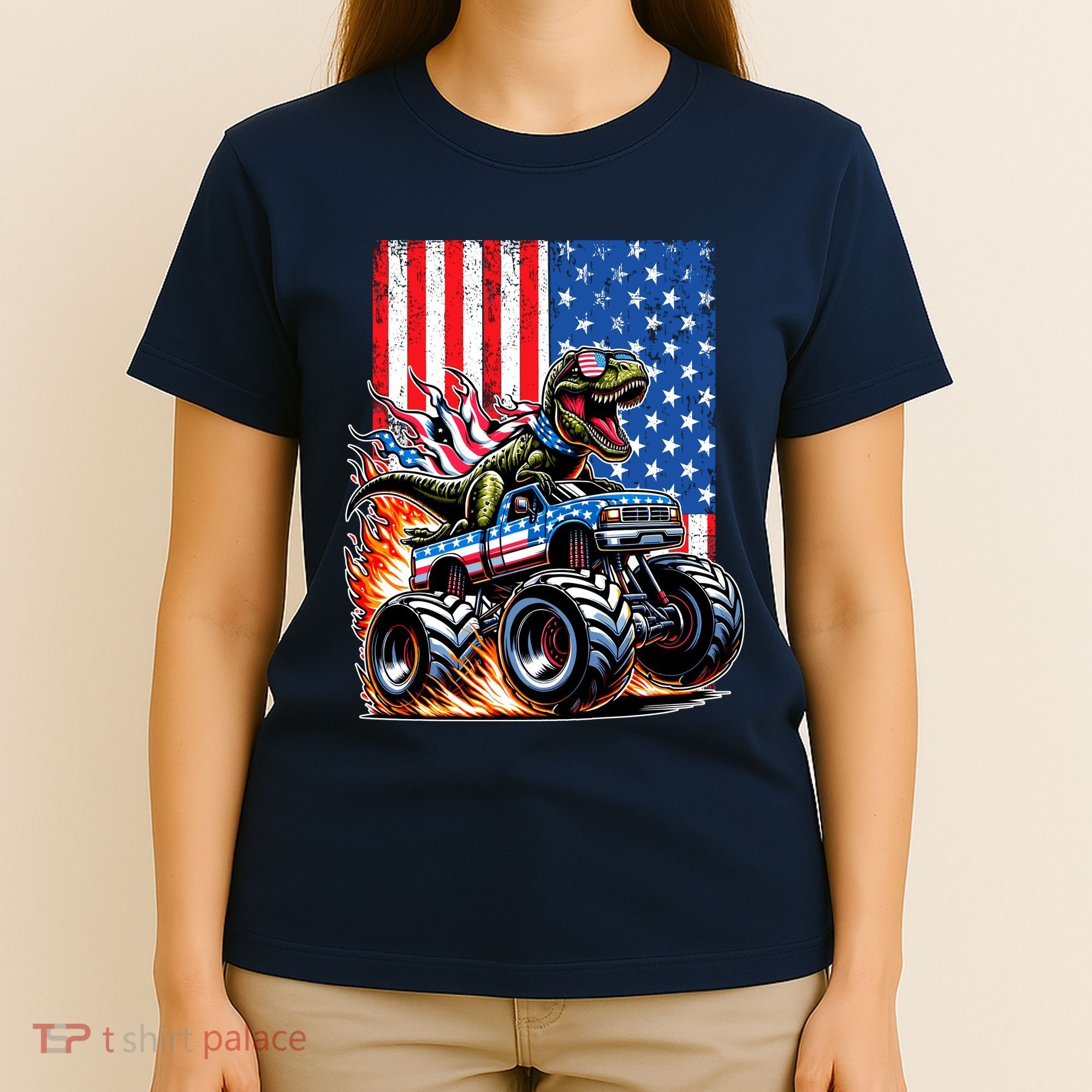 Trex Riding American Monster Truck Usa Flag T-Shirt