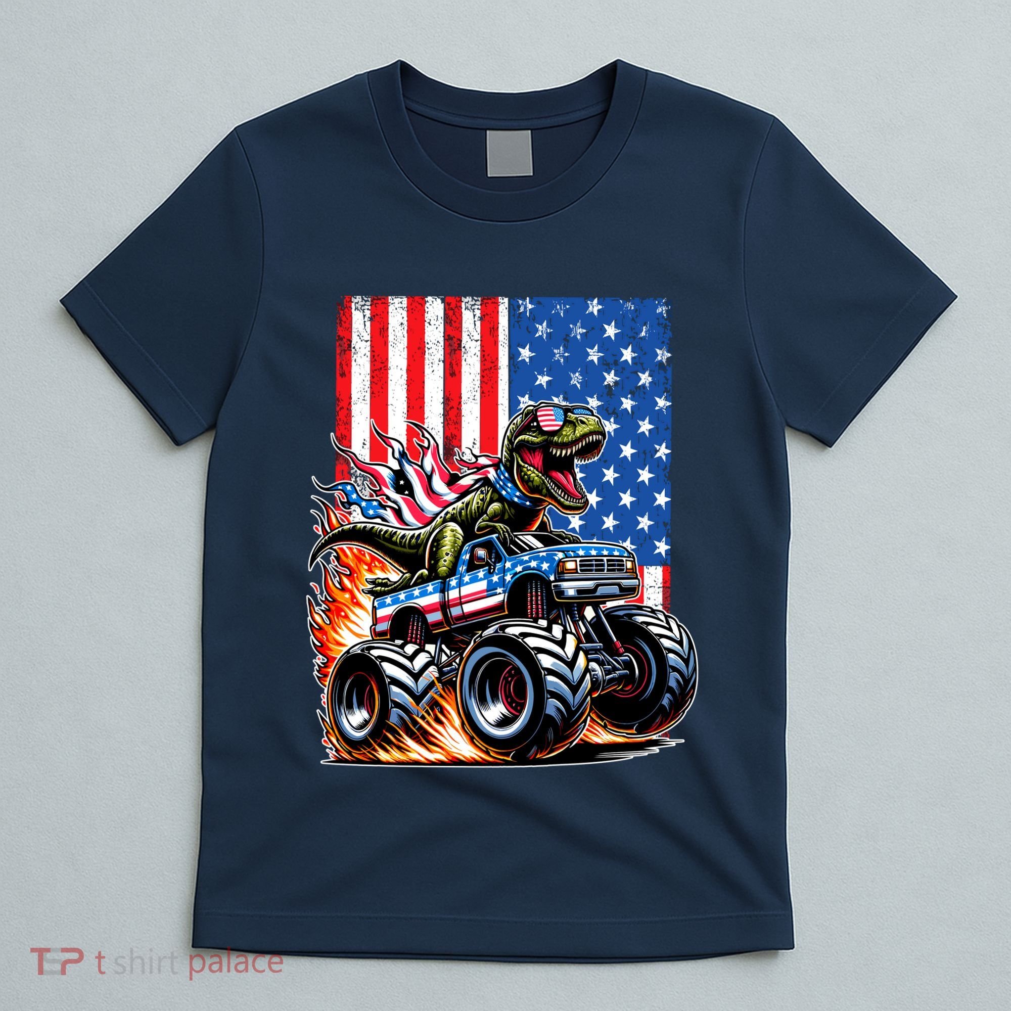 Trex Riding American Monster Truck Usa Flag T-Shirt