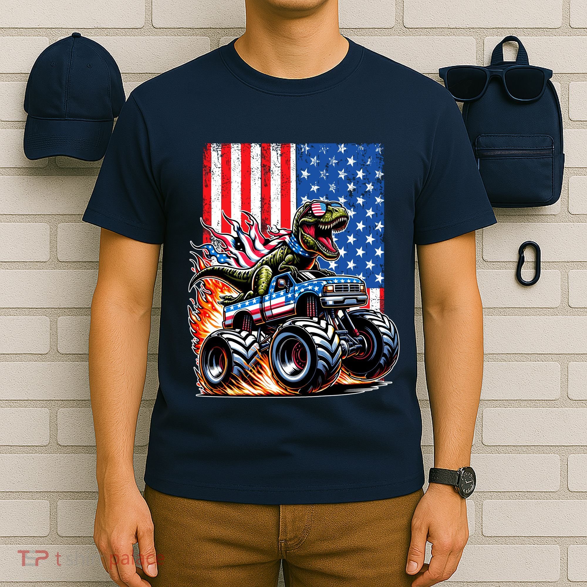 Trex Riding American Monster Truck Usa Flag T-Shirt