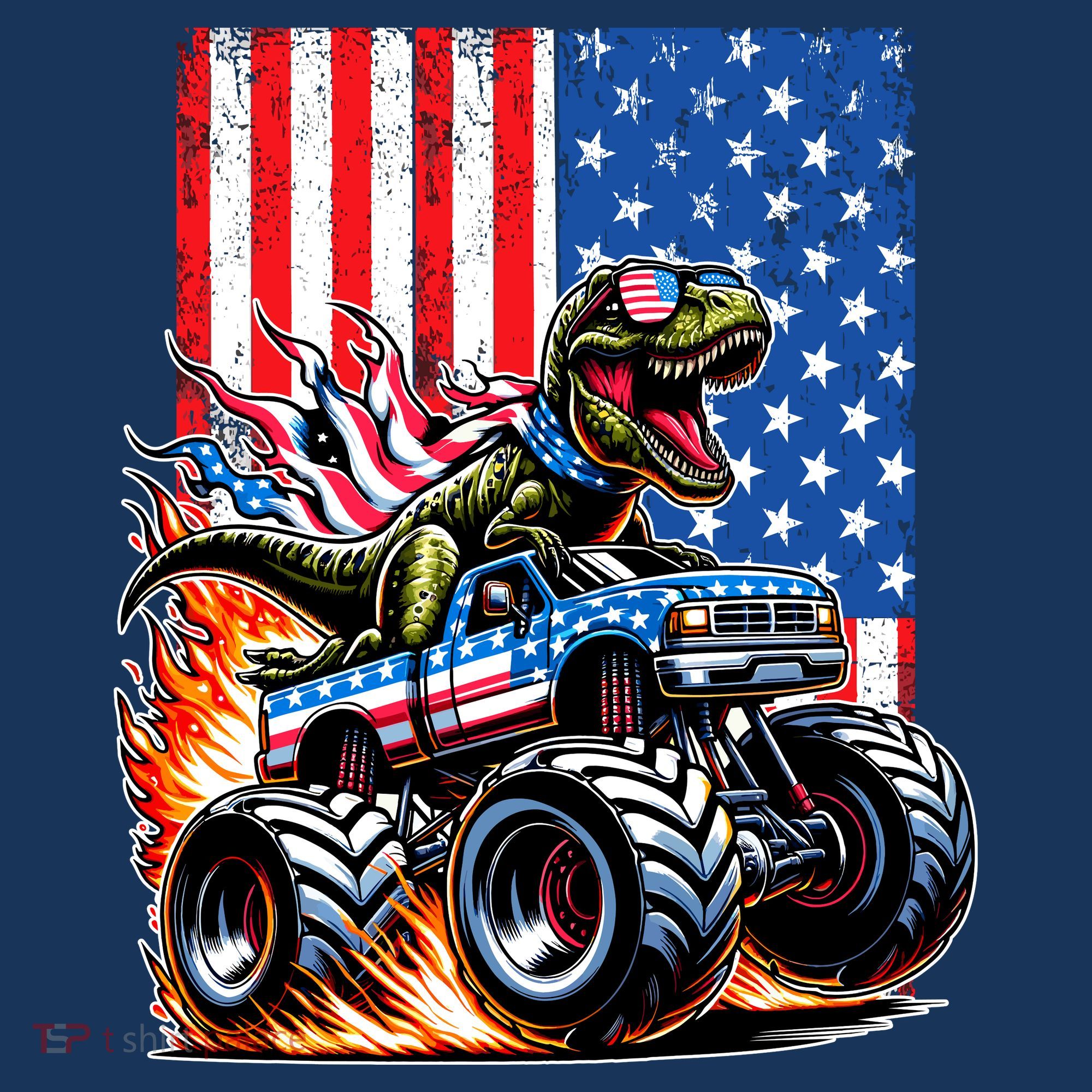 Trex Riding American Monster Truck Usa Flag T-Shirt