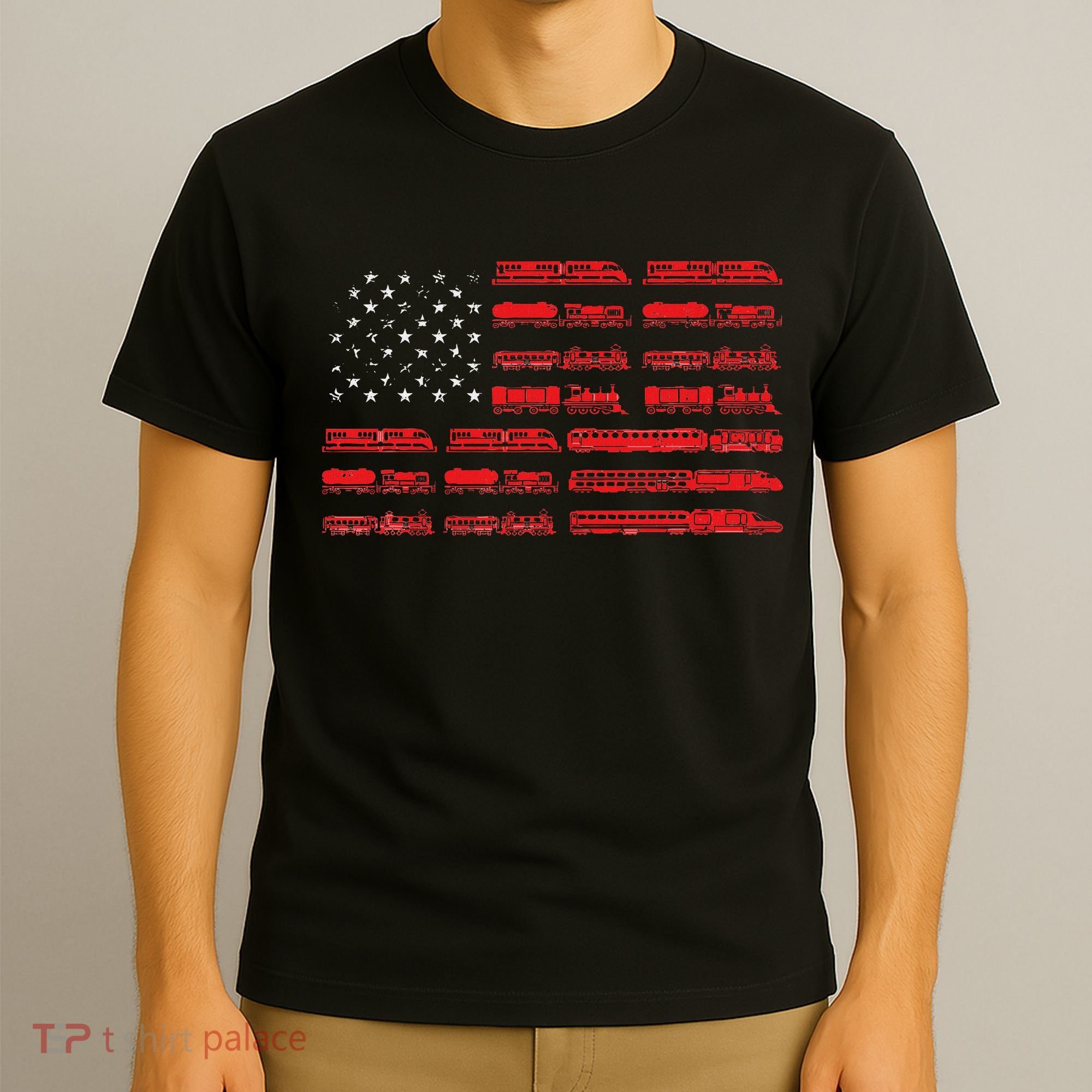 Train Railroad American Flag Cool Locomotive Lover T-Shirt