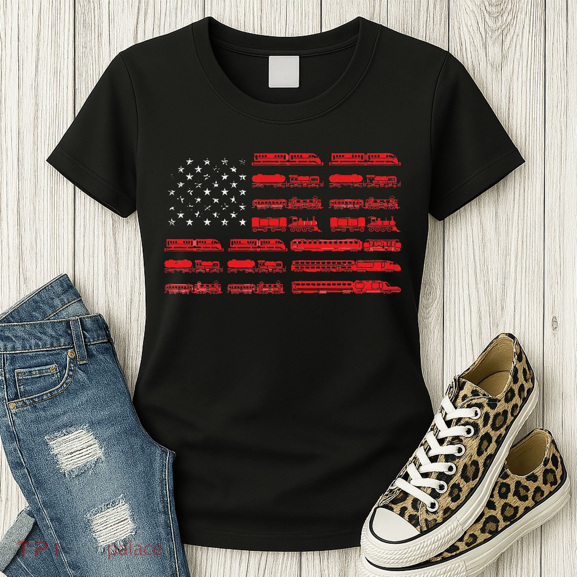 Train Railroad American Flag Cool Locomotive Lover Women's T-Shirt