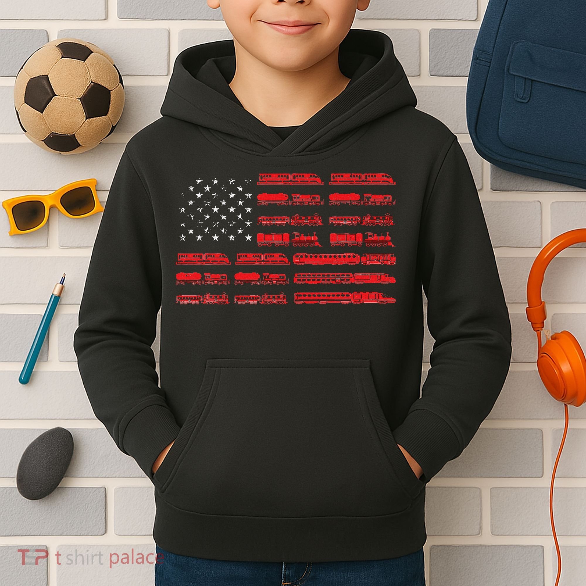 Train Railroad American Flag Cool Locomotive Lover Kids Hoodie