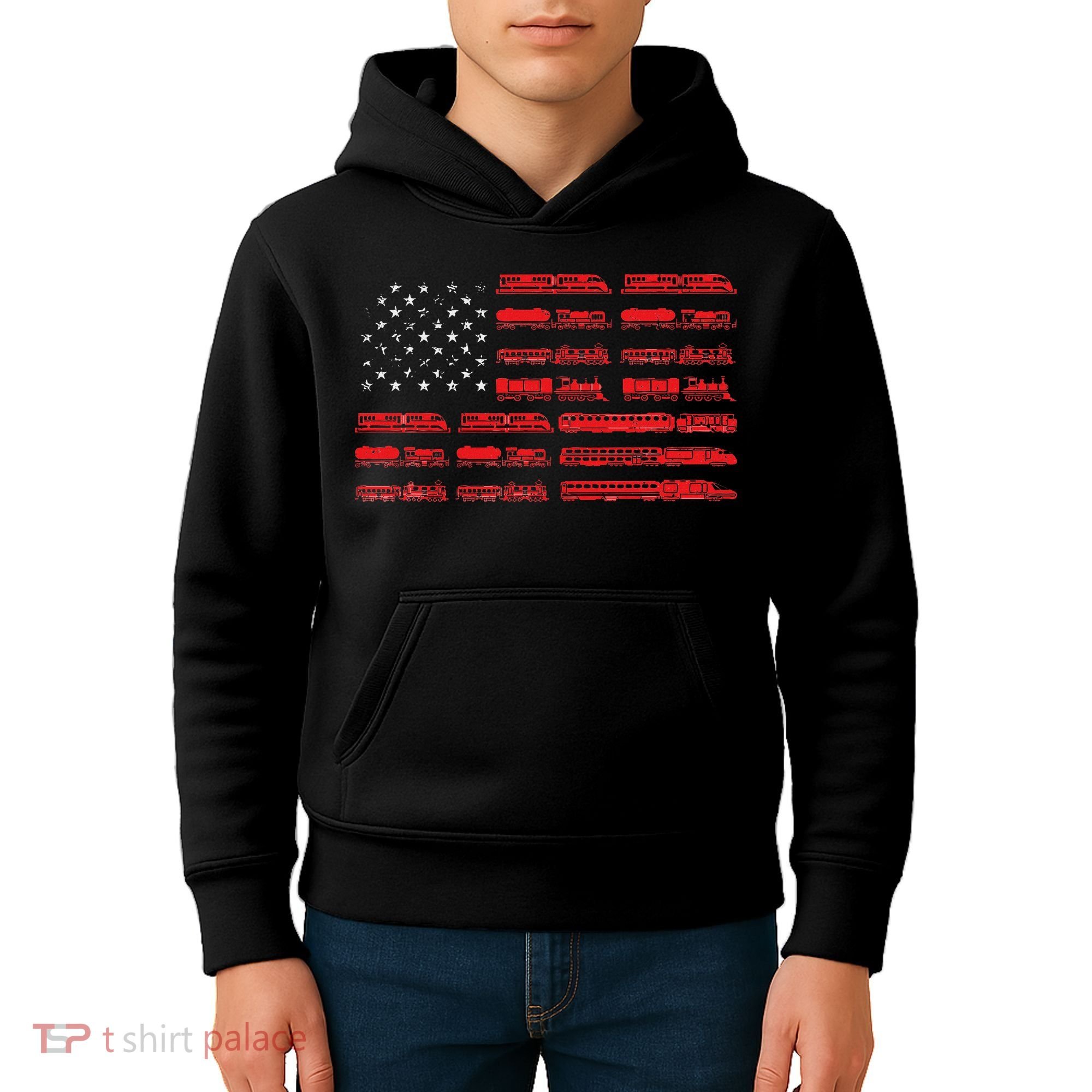 Train Railroad American Flag Cool Locomotive Lover Kids Hoodie