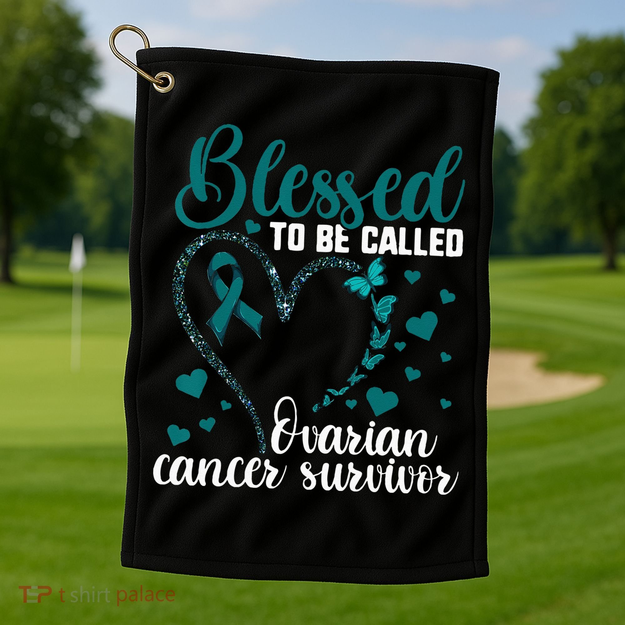 Teal Ribbon Blessed To Be Ovarian Cancer Survivor Golf Towel