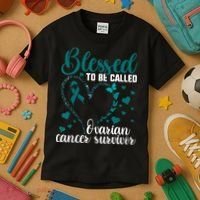Teal Ribbon Blessed To Be Ovarian Cancer Survivor Kids T-Shirt thumb 3