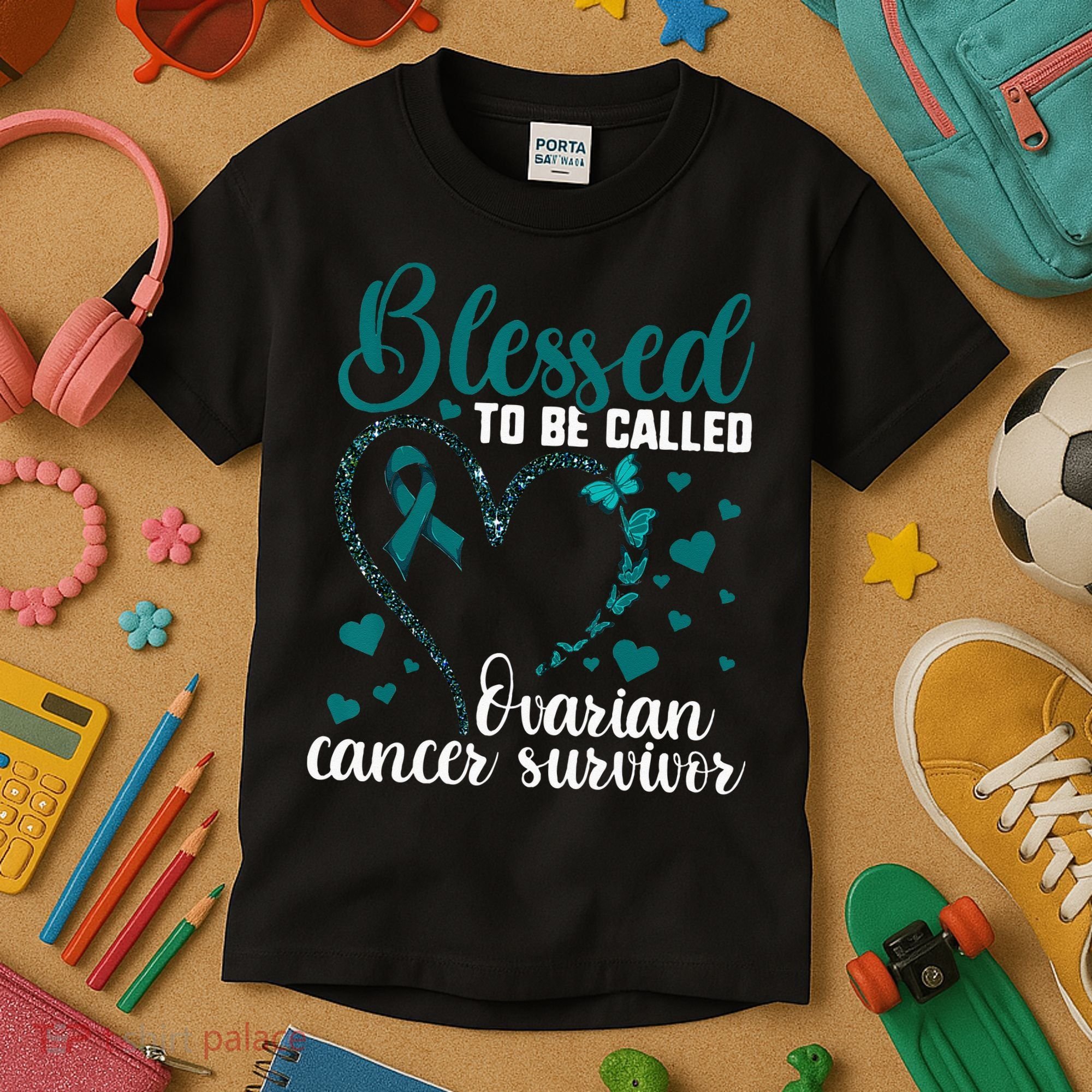 Teal Ribbon Blessed To Be Ovarian Cancer Survivor Kids T-Shirt