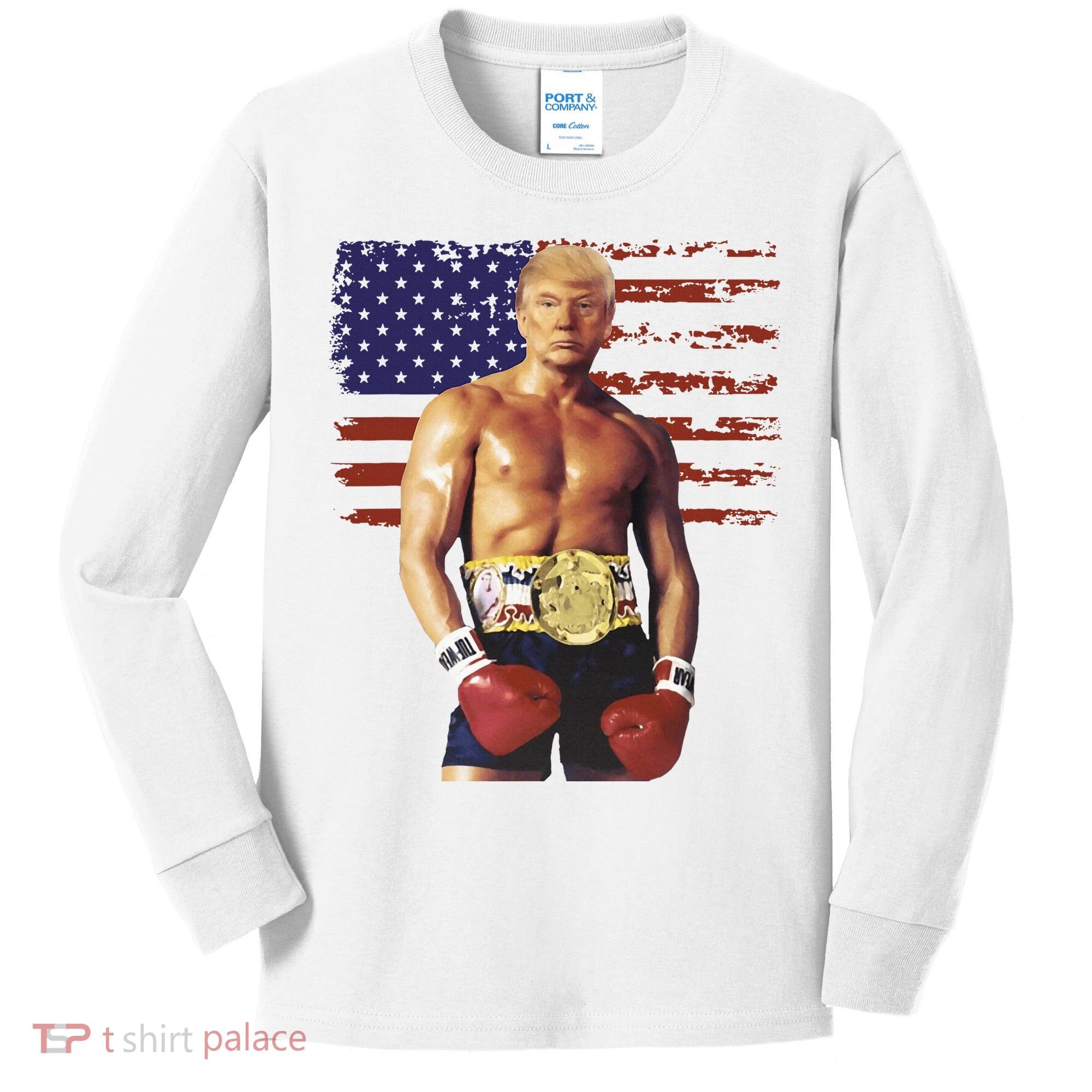 Trump Rocky Boxing Meme Boxer Us Flag Patriot Kids Long Sleeve Shirt