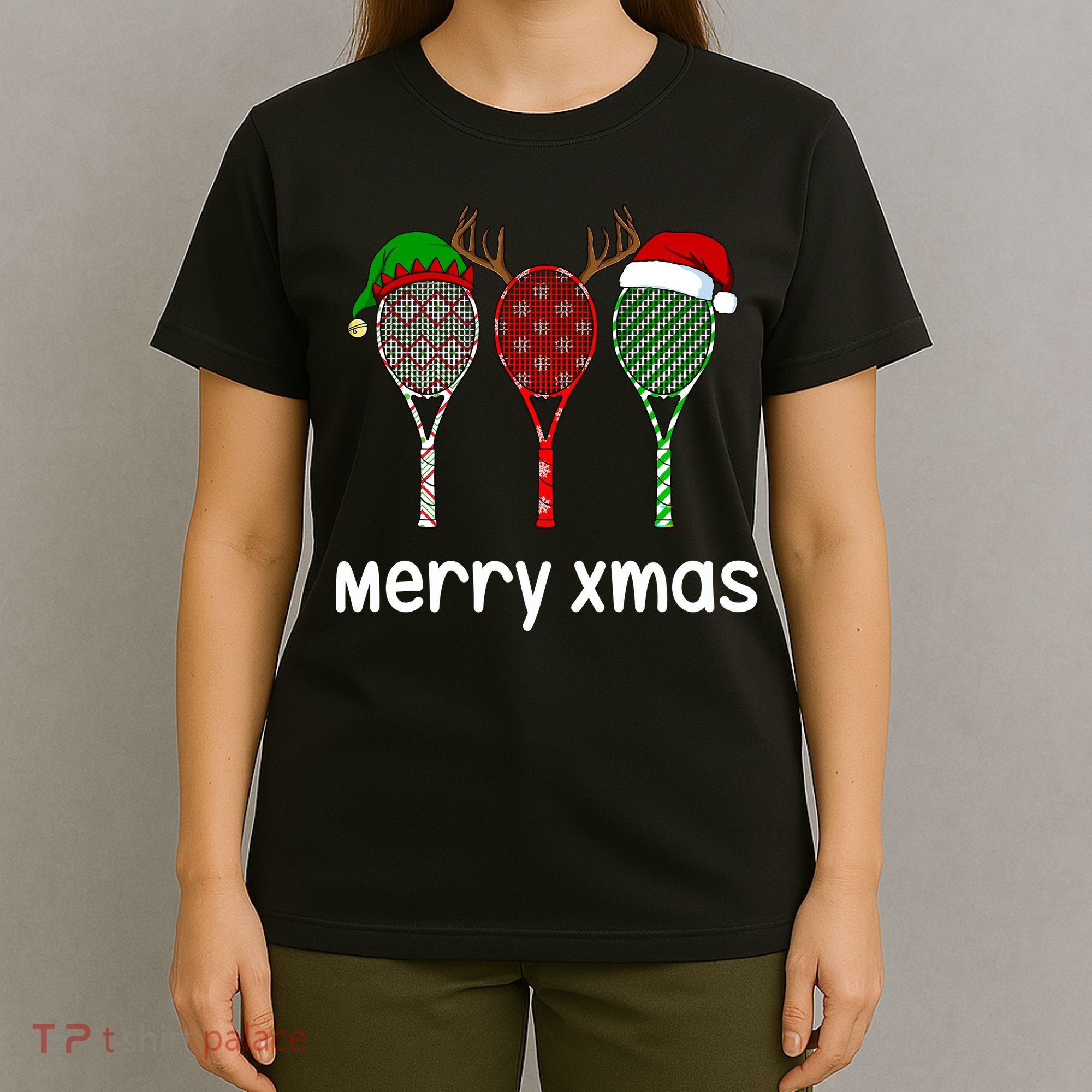 Tennis Racket Christmas Hat Reindeer Anlter Game Sport Sweatshirt T-Shirt
