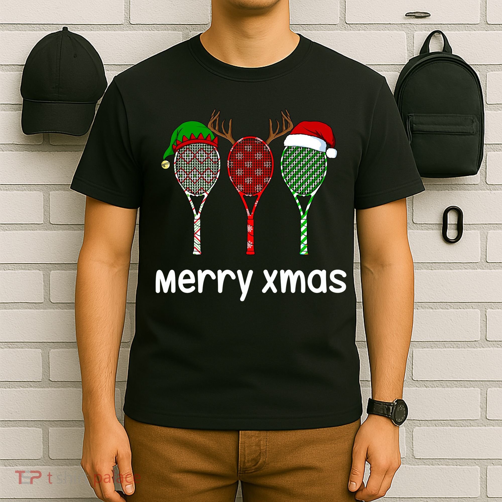Tennis Racket Christmas Hat Reindeer Anlter Game Sport Sweatshirt T-Shirt