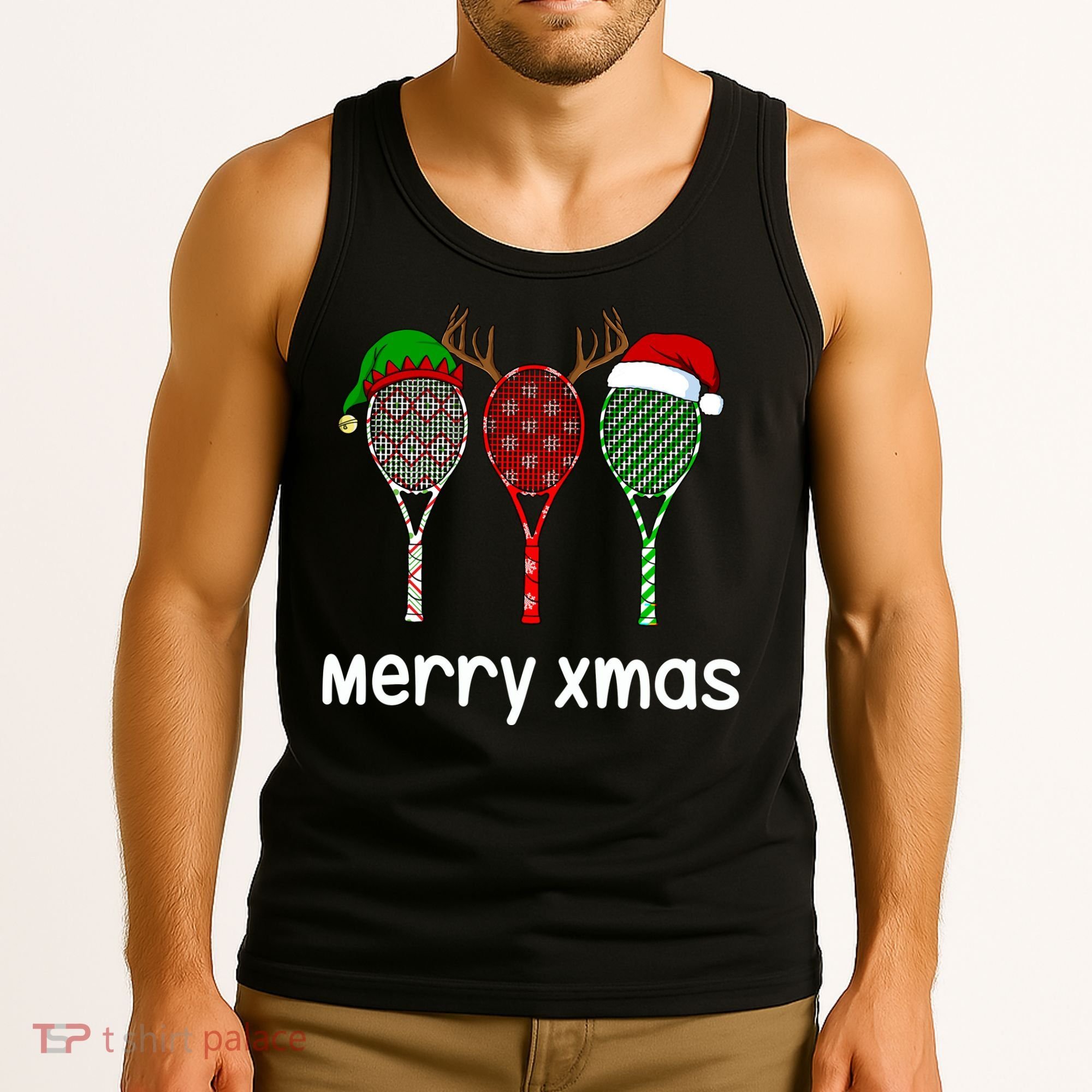 Tennis Racket Christmas Hat Reindeer Anlter Game Sport Sweatshirt Tank Top