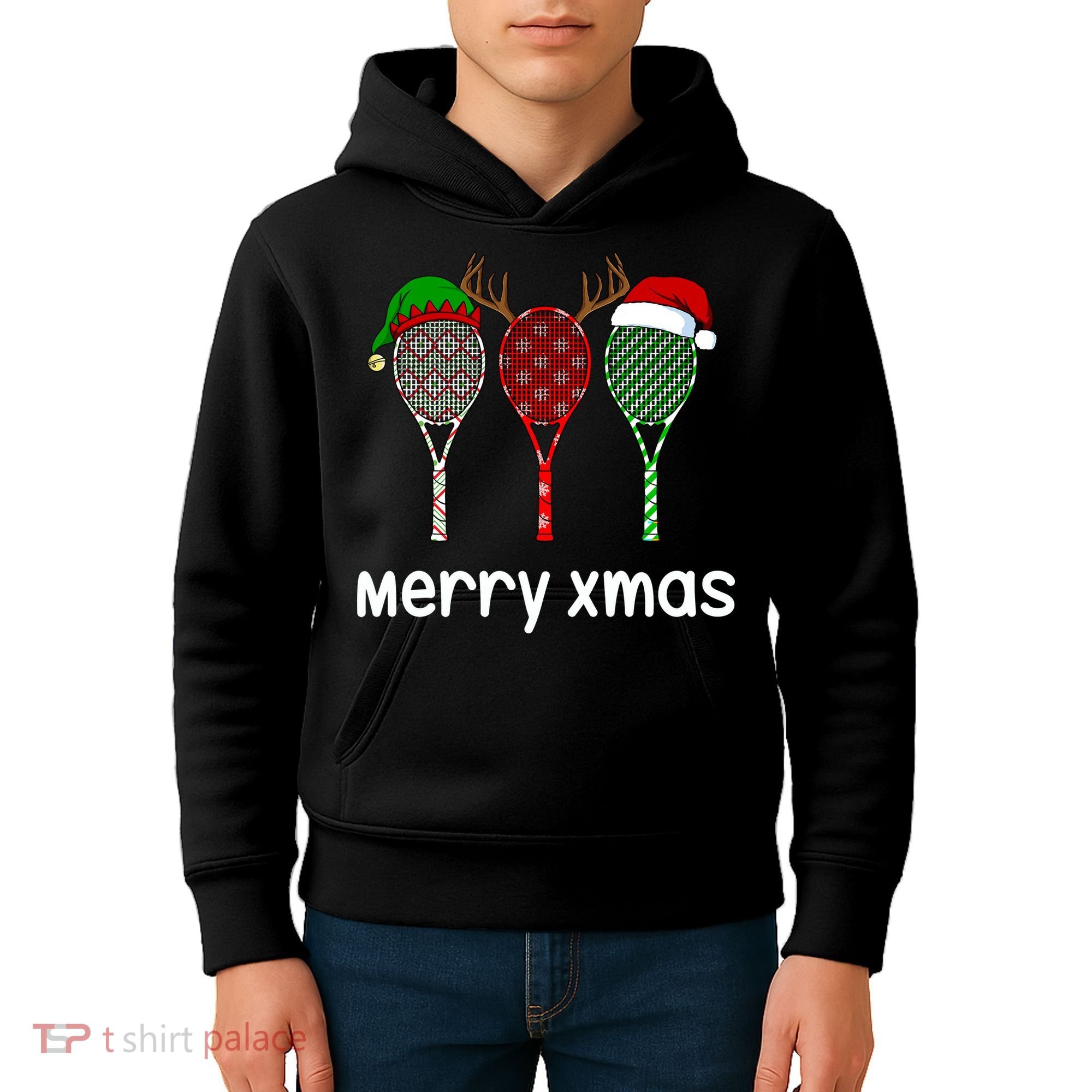 Tennis Racket Christmas Hat Reindeer Anlter Game Sport Sweatshirt Kids Hoodie