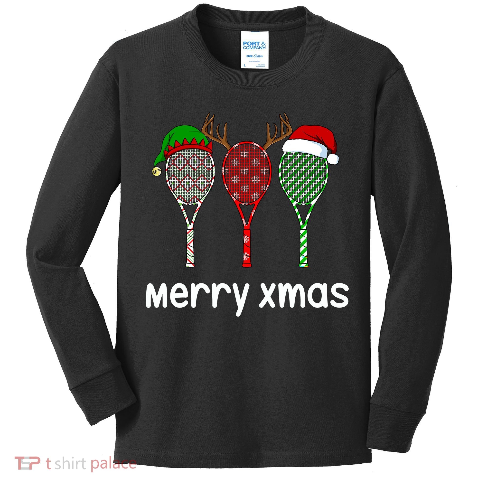 Tennis Racket Christmas Hat Reindeer Anlter Game Sport Sweatshirt Kids Long Sleeve Shirt