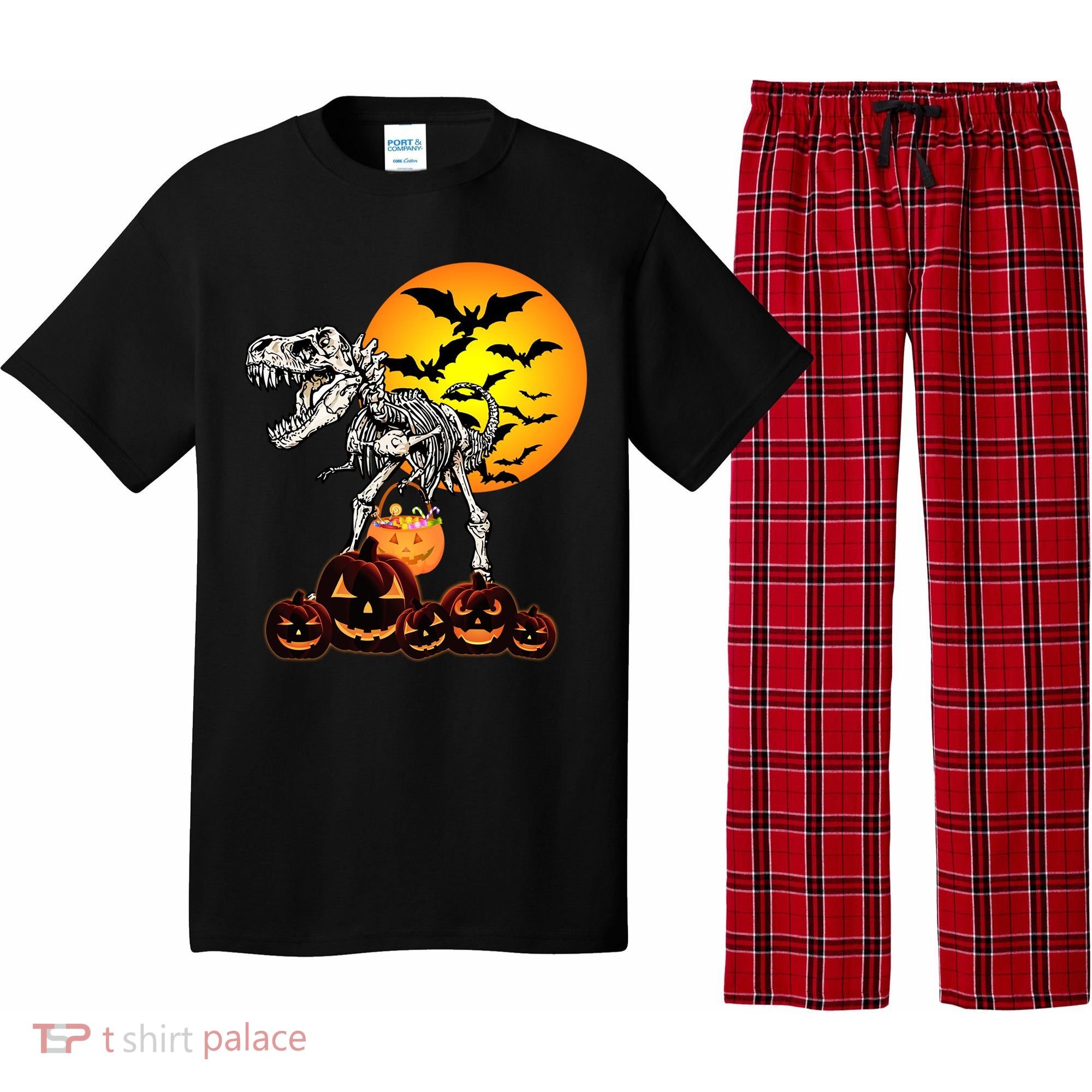 T Rex Dinosaur Skeleton Scary Halloween Pumpkin Gift Pajama Set