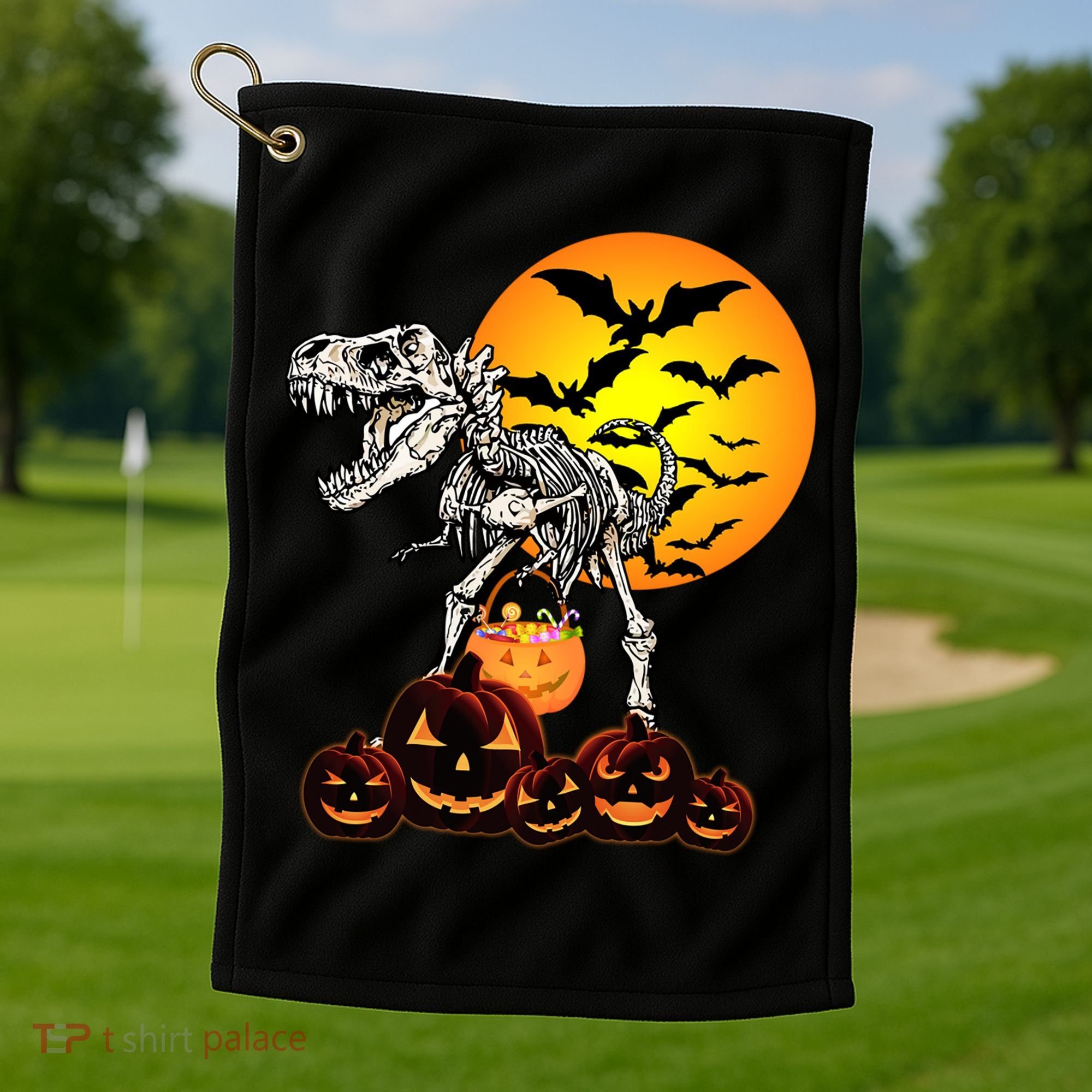 T Rex Dinosaur Skeleton Scary Halloween Pumpkin Gift Golf Towel
