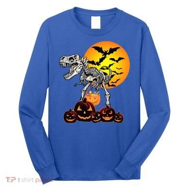 T Rex Dinosaur Skeleton Scary Halloween Pumpkin Gift Long Sleeve Shirt