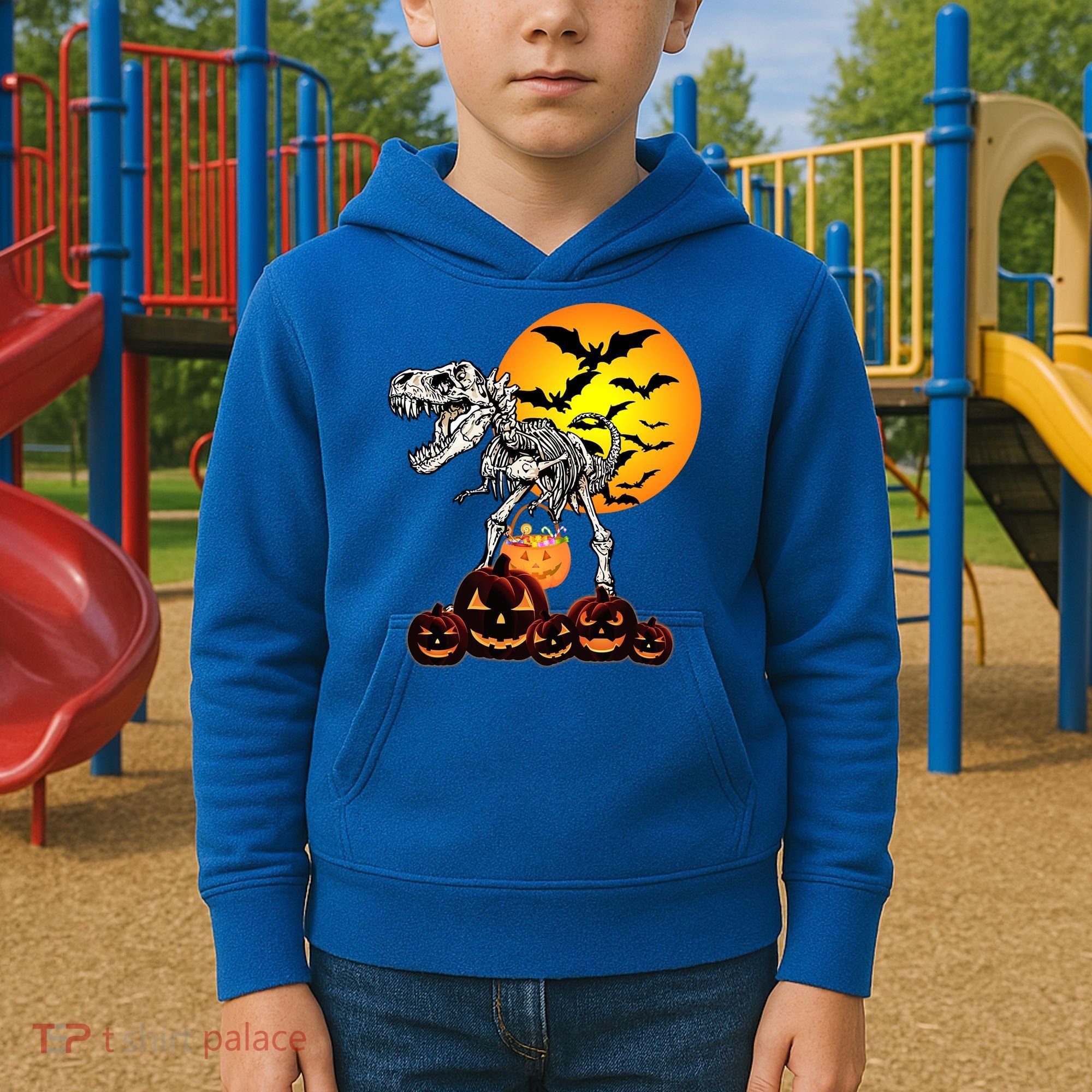 T Rex Dinosaur Skeleton Scary Halloween Pumpkin Gift Kids Hoodie