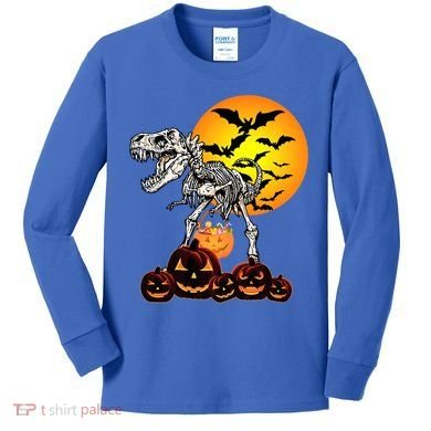 T Rex Dinosaur Skeleton Scary Halloween Pumpkin Gift Kids Long Sleeve Shirt