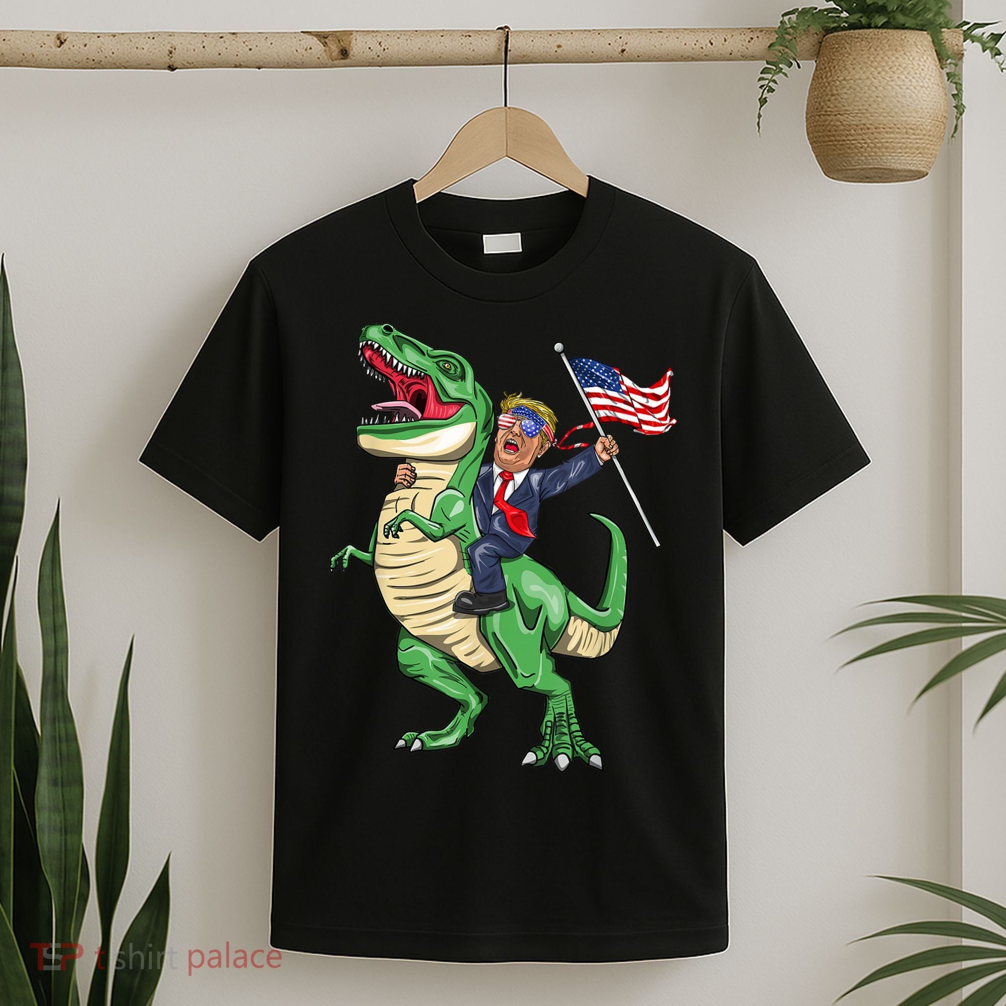 T Rex Dinosaur With Trump Gift American Flag For Patriot Gift T-Shirt