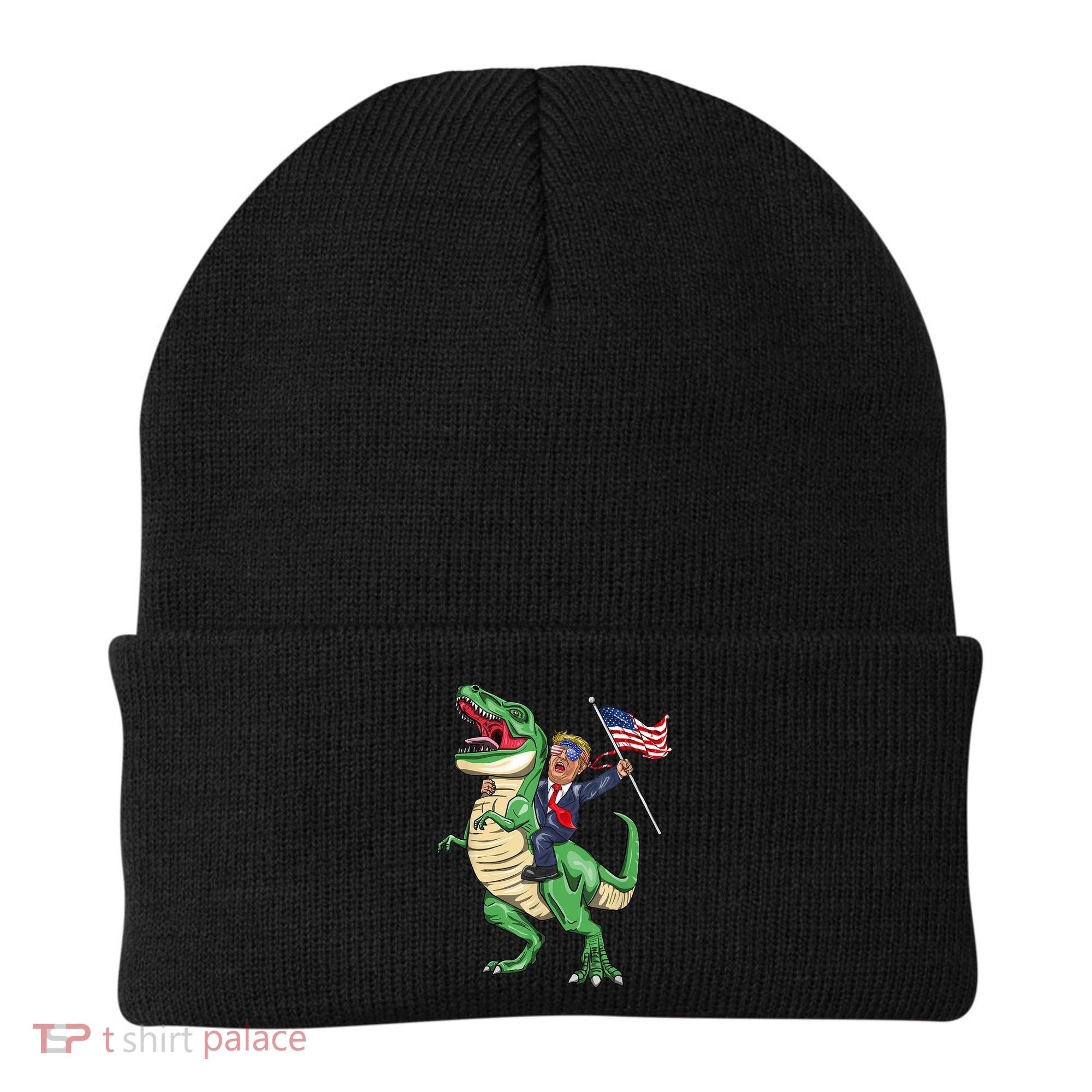 T Rex Dinosaur With Trump Gift American Flag For Patriot Gift Beanie