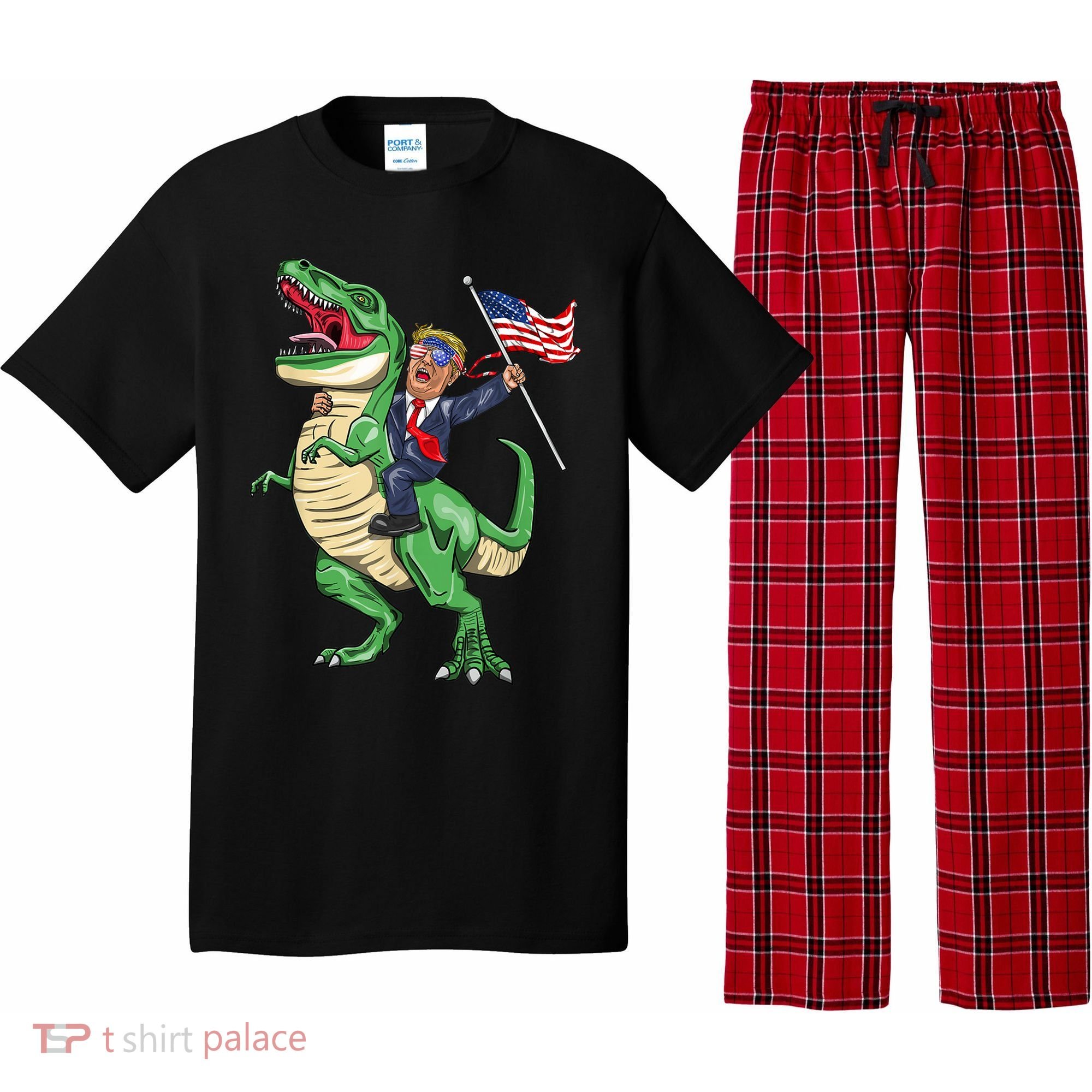 T Rex Dinosaur With Trump Gift American Flag For Patriot Gift Pajama Set