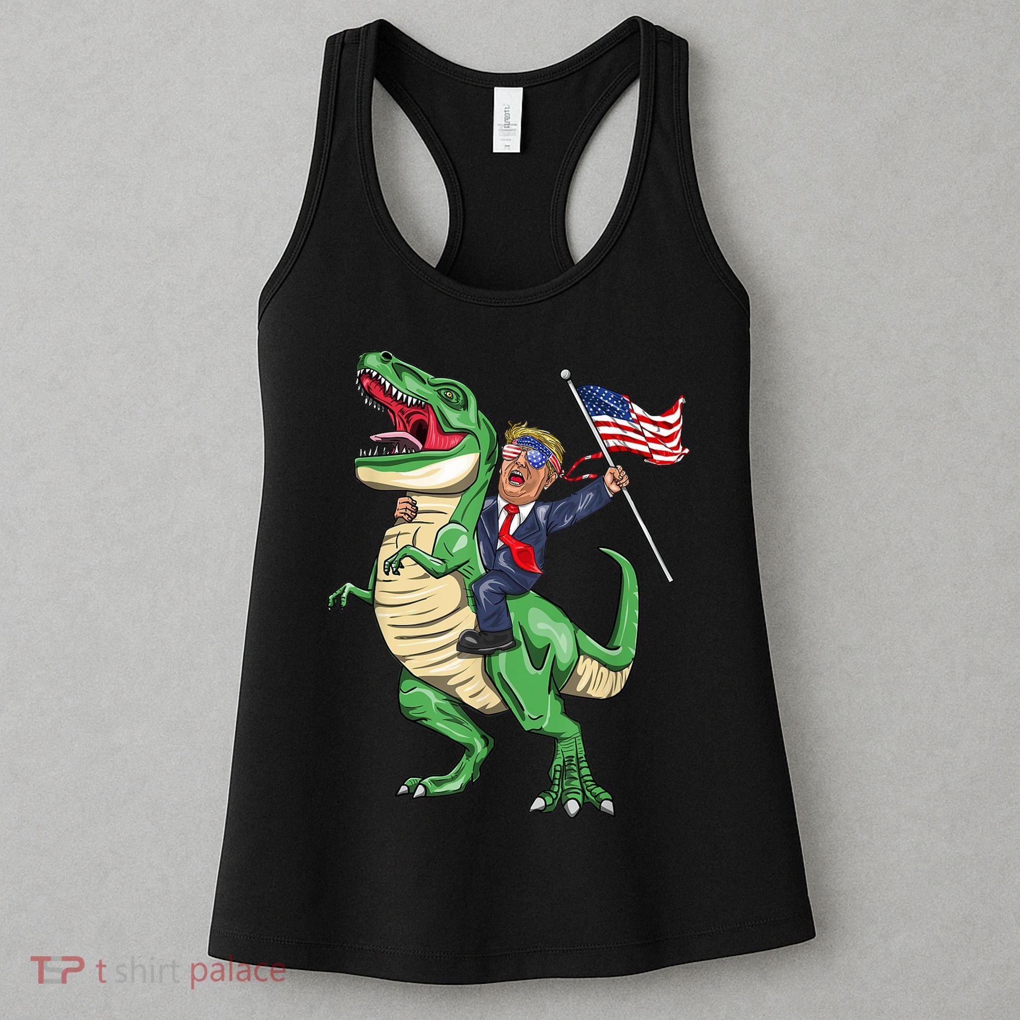 T Rex Dinosaur With Trump Gift American Flag For Patriot Gift Women's Tank Top