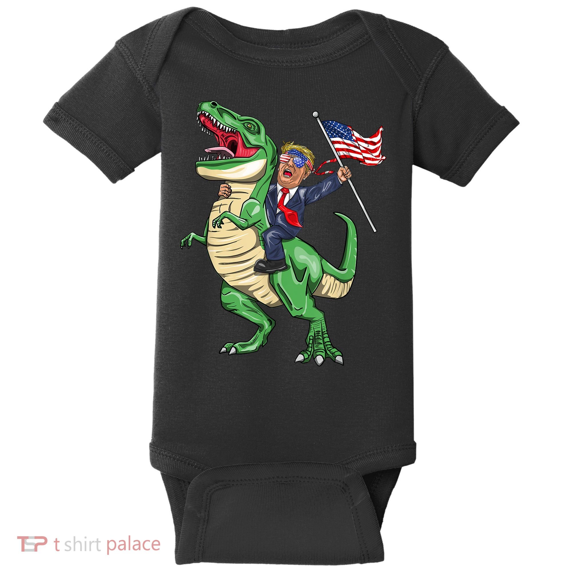 T Rex Dinosaur With Trump Gift American Flag For Patriot Gift Baby Bodysuit