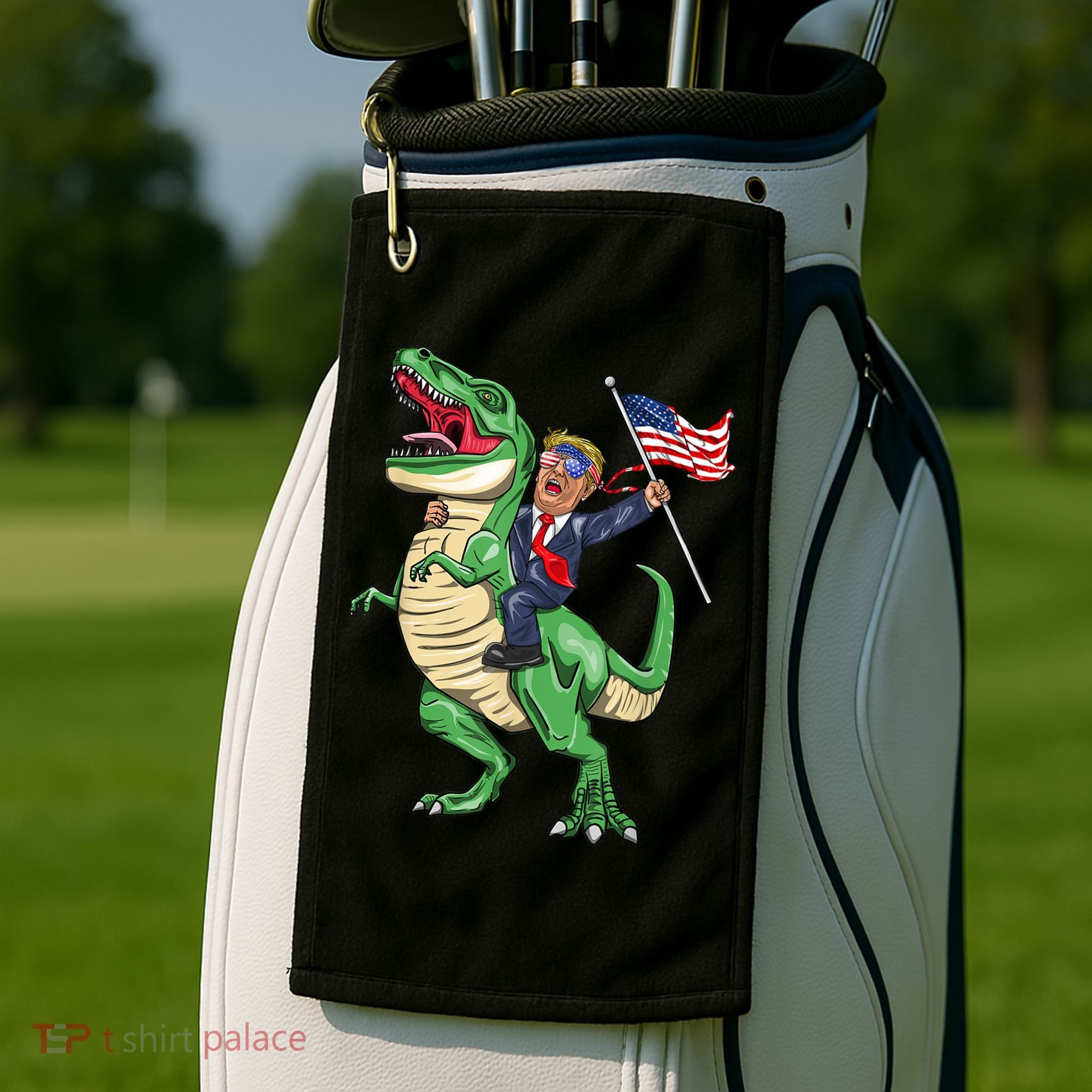 T Rex Dinosaur With Trump Gift American Flag For Patriot Gift Golf Towel