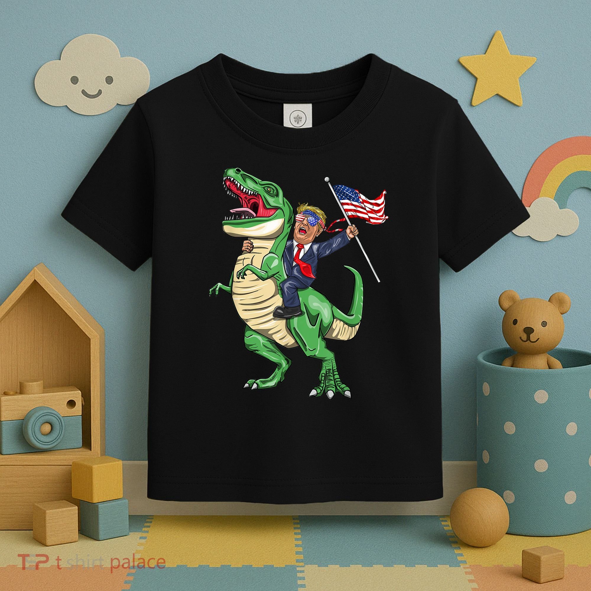 T Rex Dinosaur With Trump Gift American Flag For Patriot Gift Toddler T-Shirt