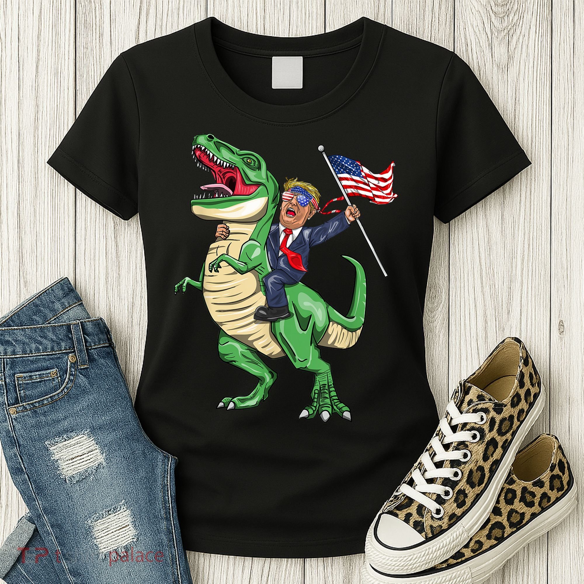 T Rex Dinosaur With Trump Gift American Flag For Patriot Gift Women's T-Shirt