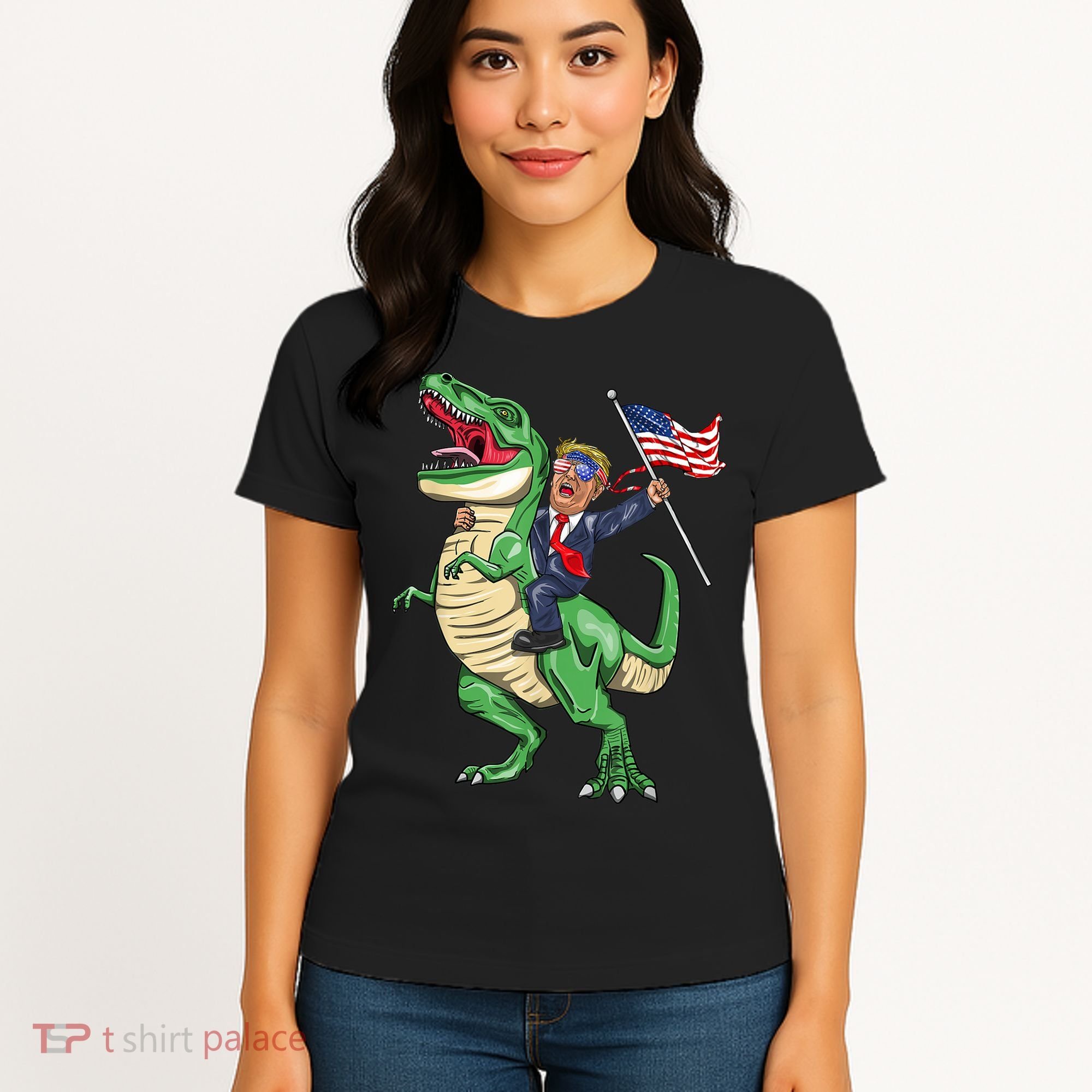 T Rex Dinosaur With Trump Gift American Flag For Patriot Gift Women's T-Shirt