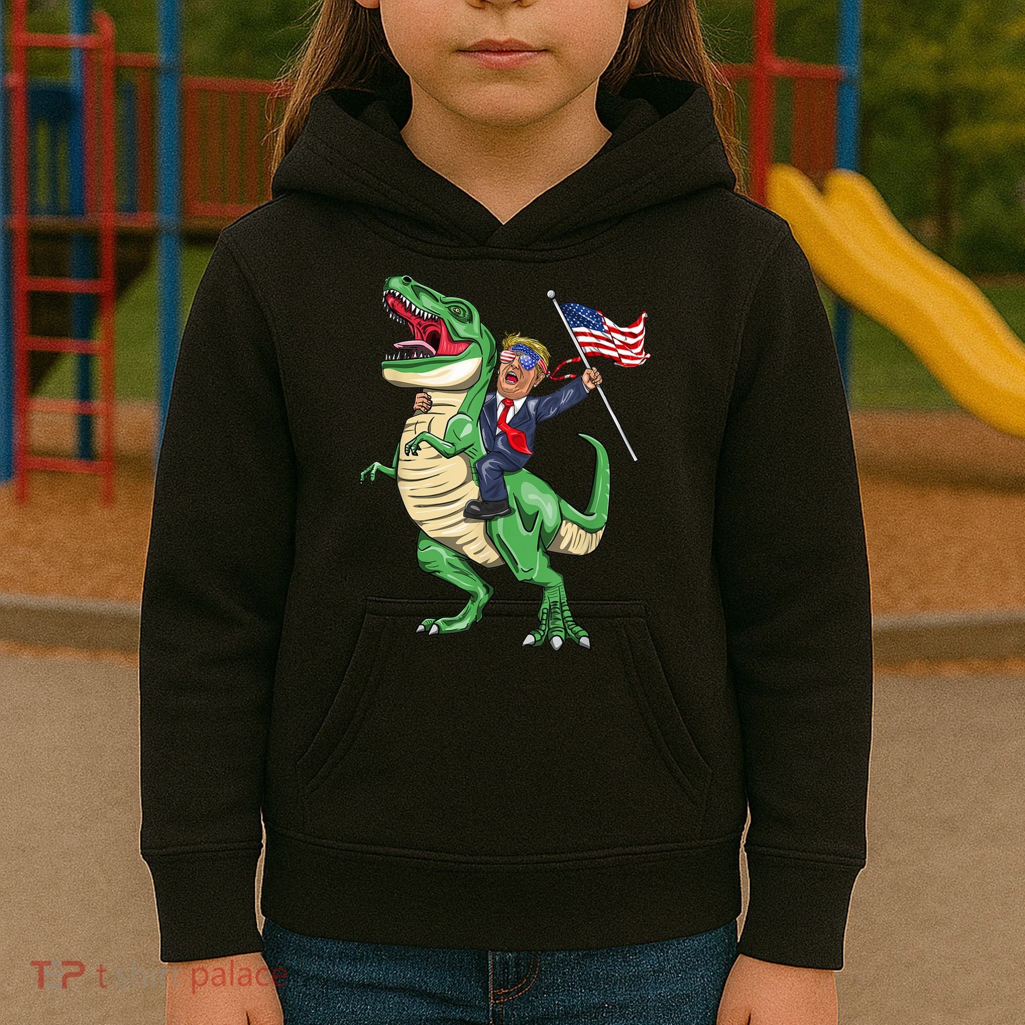 T Rex Dinosaur With Trump Gift American Flag For Patriot Gift Kids Hoodie