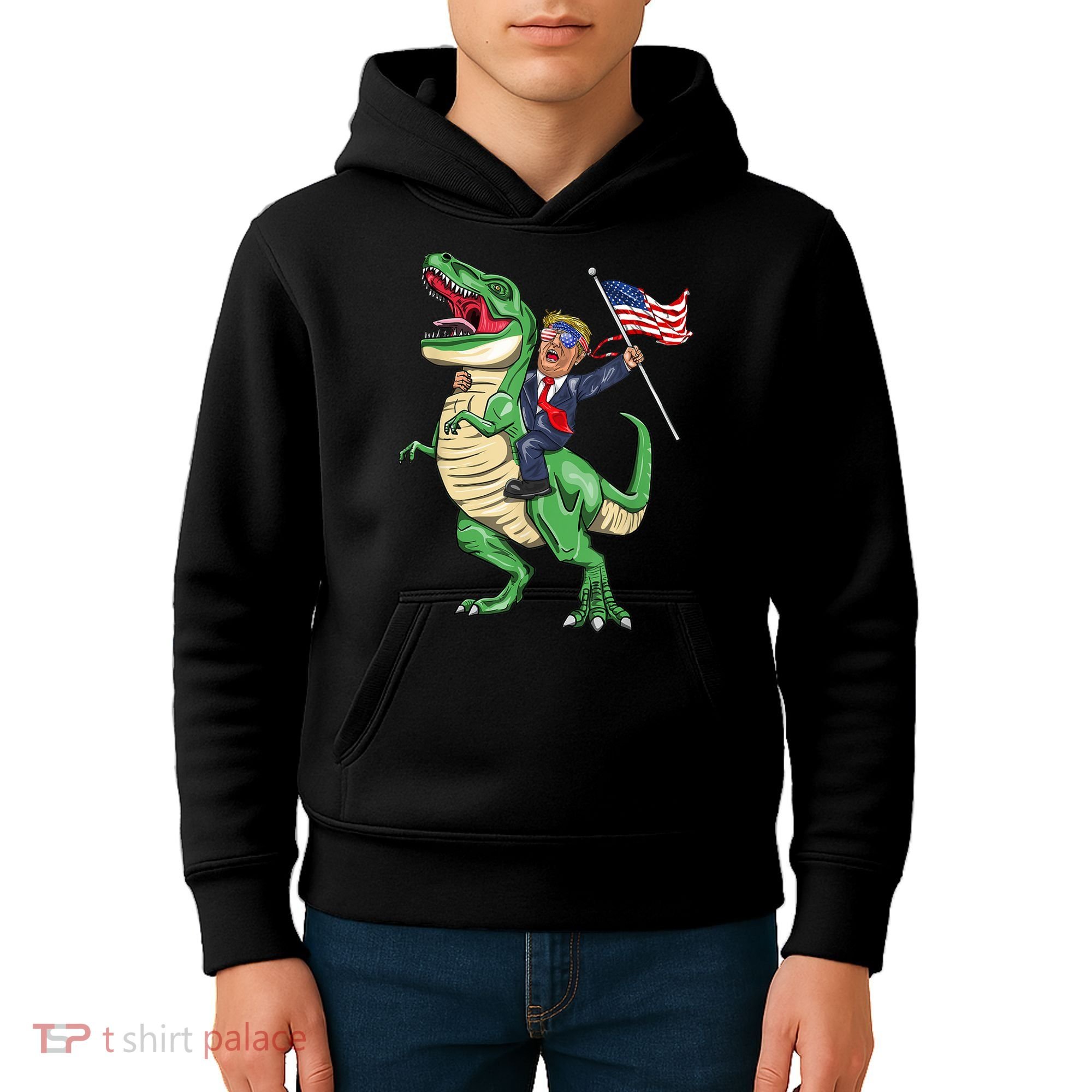 T Rex Dinosaur With Trump Gift American Flag For Patriot Gift Kids Hoodie