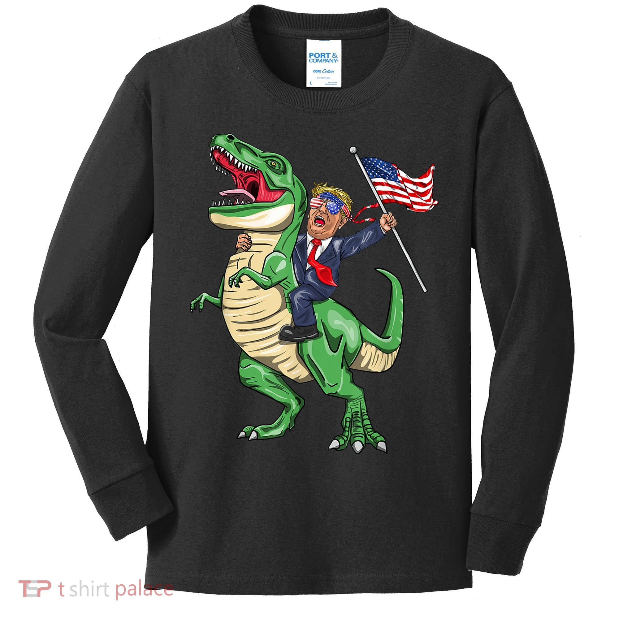 T Rex Dinosaur With Trump Gift American Flag For Patriot Gift Kids Long Sleeve Shirt
