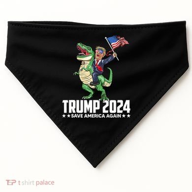 Trump Riding Dinosaur Save America Again USA-Made Doggie Bandana