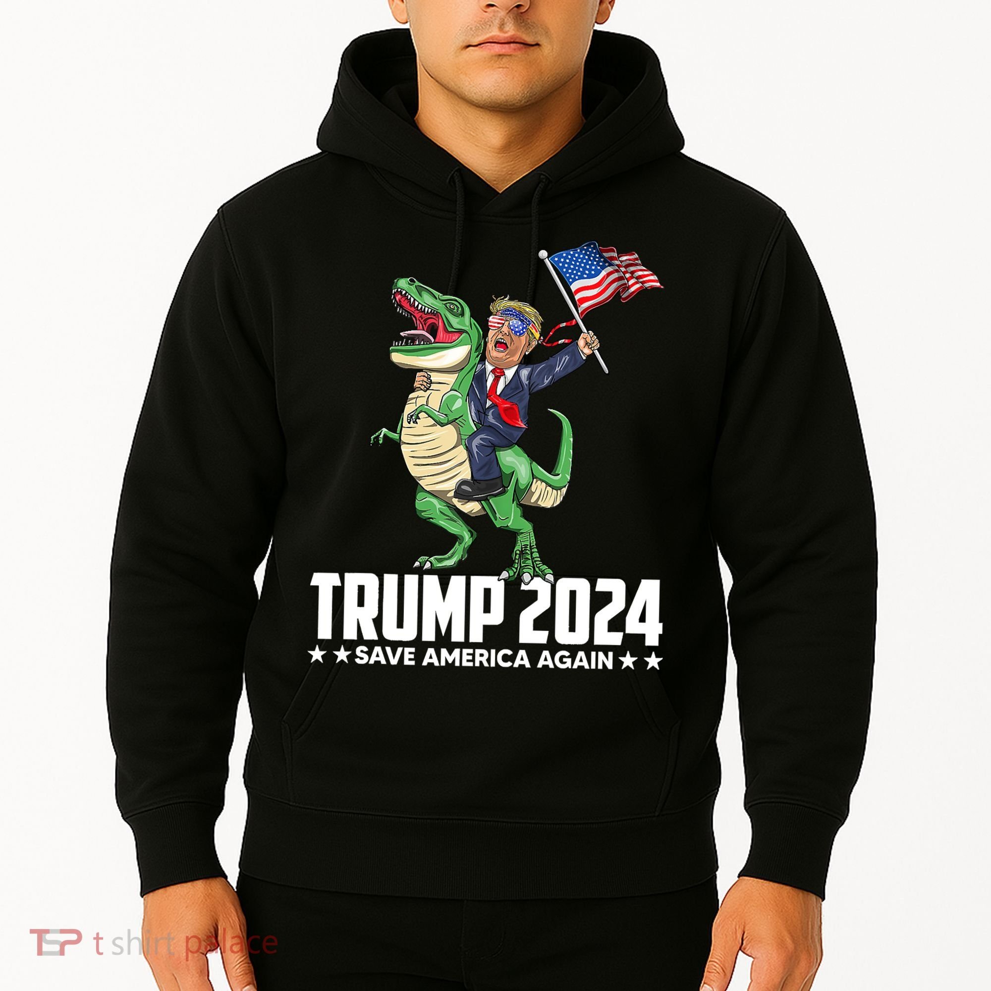 Trump Riding Dinosaur Save America Again Hoodie