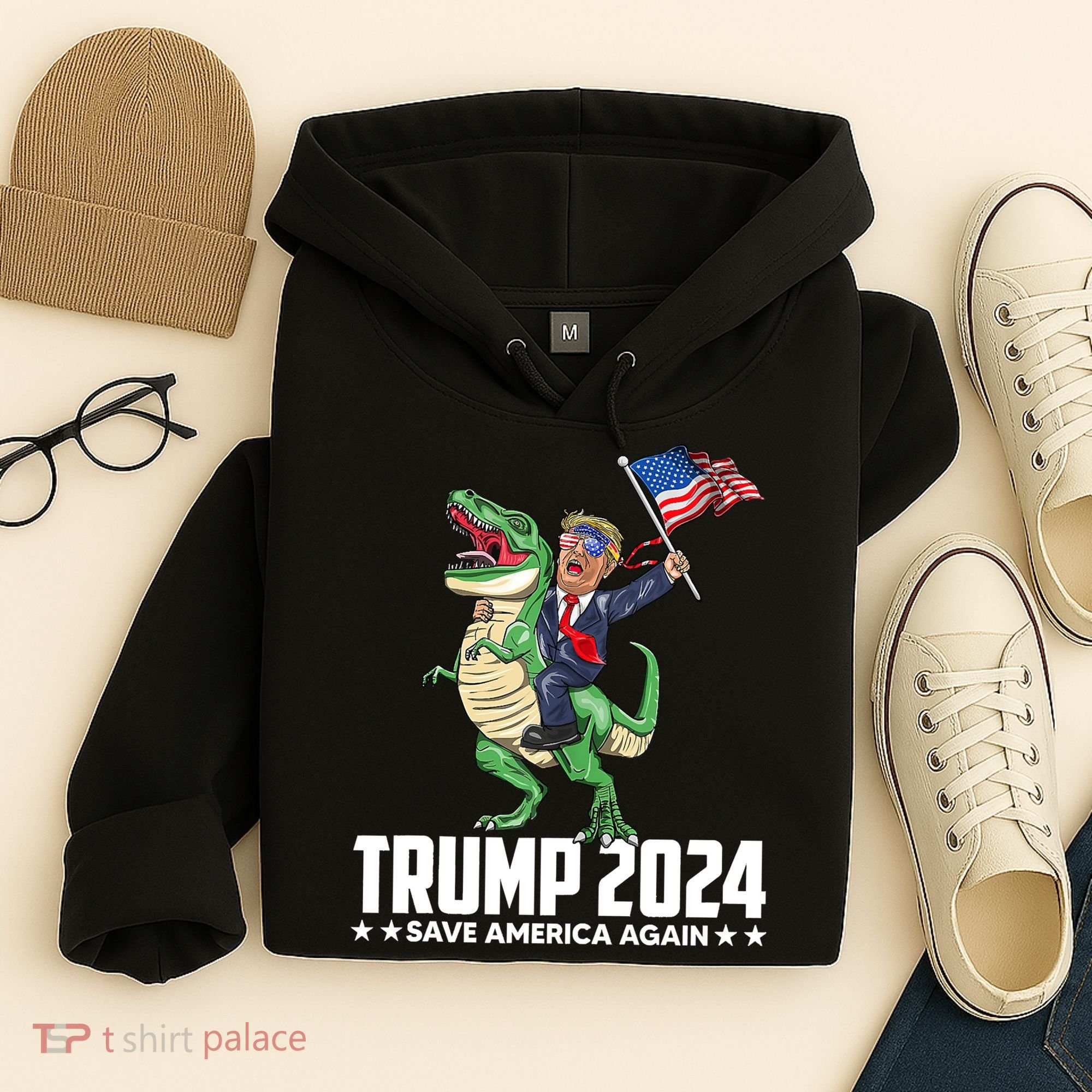 Trump Riding Dinosaur Save America Again Hoodie