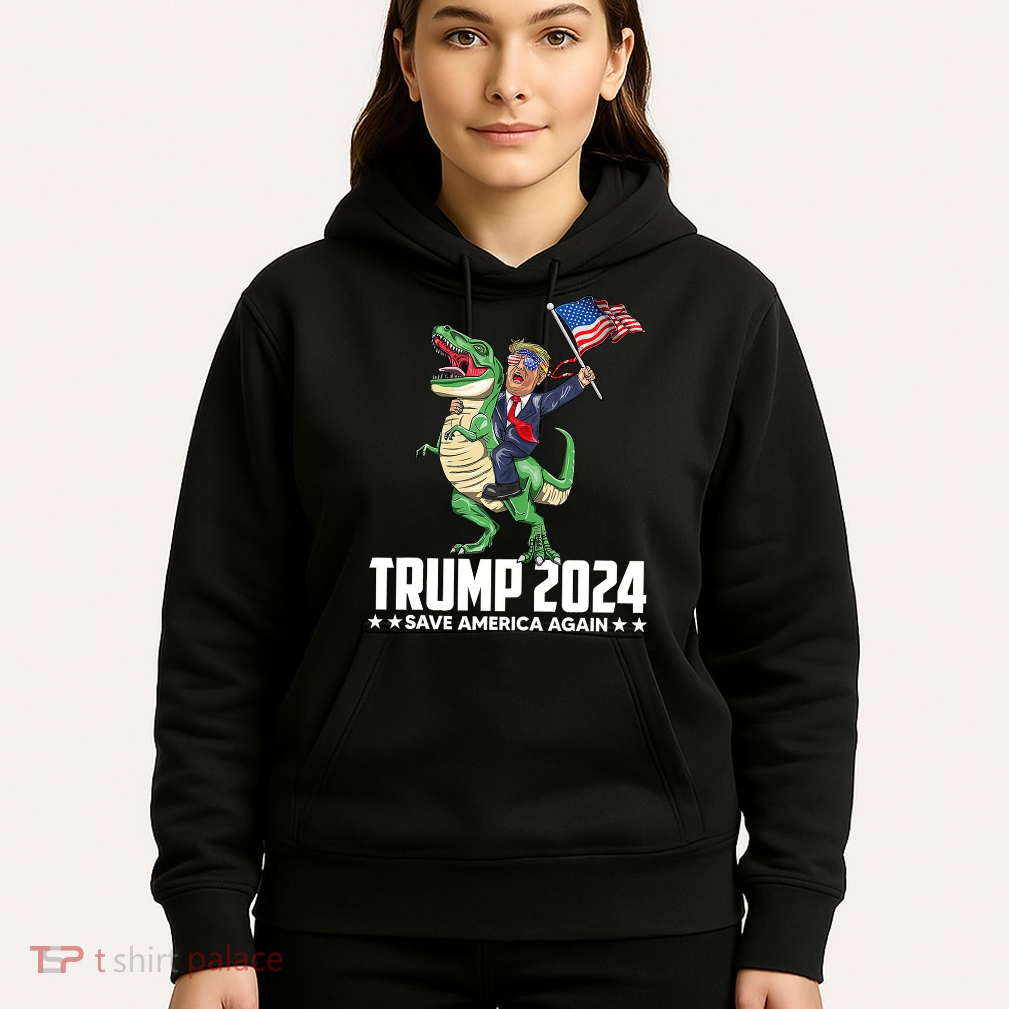 Trump Riding Dinosaur Save America Again Hoodie