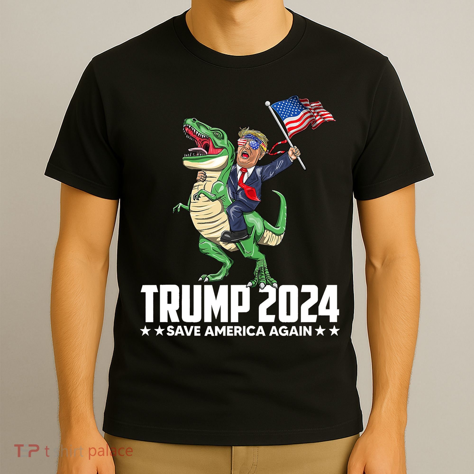 Trump Riding Dinosaur Save America Again T-Shirt