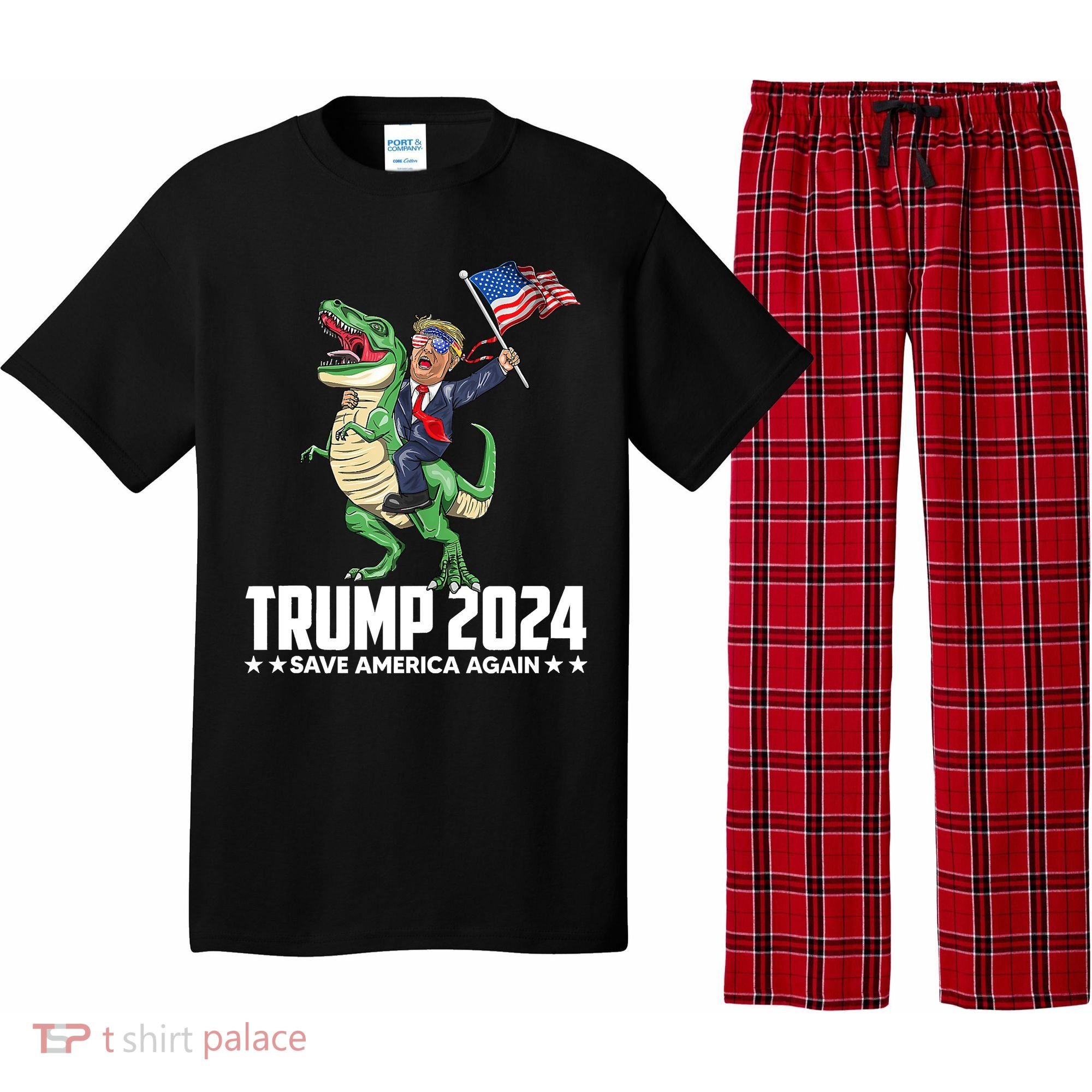 Trump Riding Dinosaur Save America Again Pajama Set