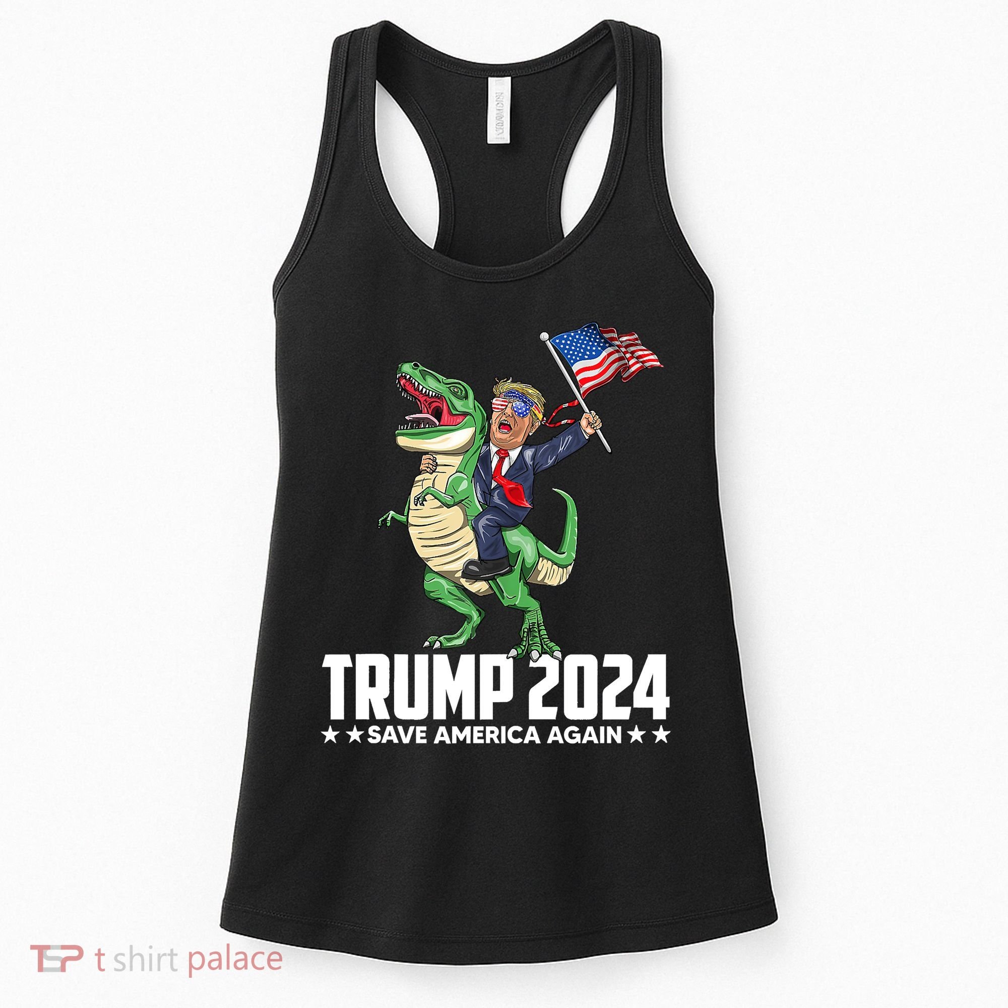 Trump Riding Dinosaur Save America Again Women's Tank Top