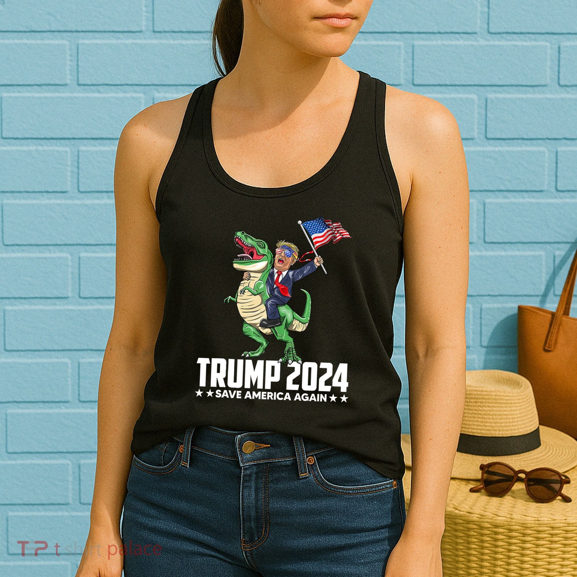 Trump Riding Dinosaur Save America Again Women's Tank Top